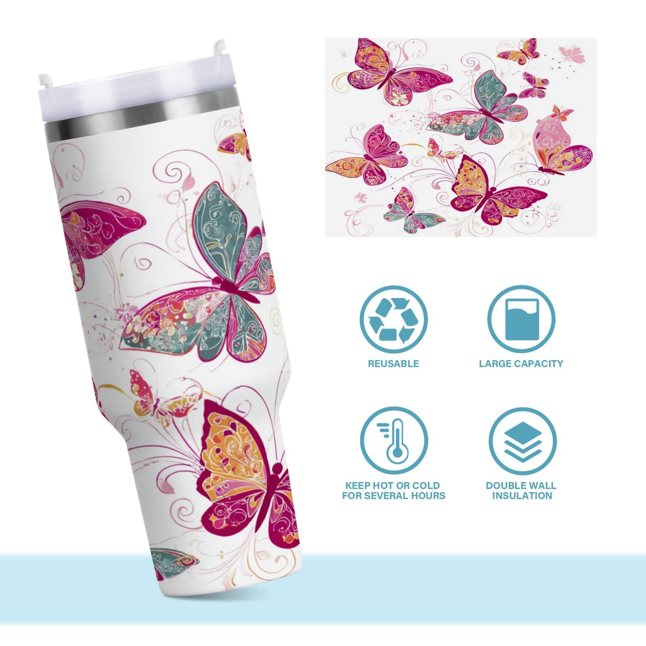 30 oz Insulated Stainless Steel Tumbler Double Wall Stainless Steel Tumbler with 2-Way Drinking Colorful Butterflies C605L