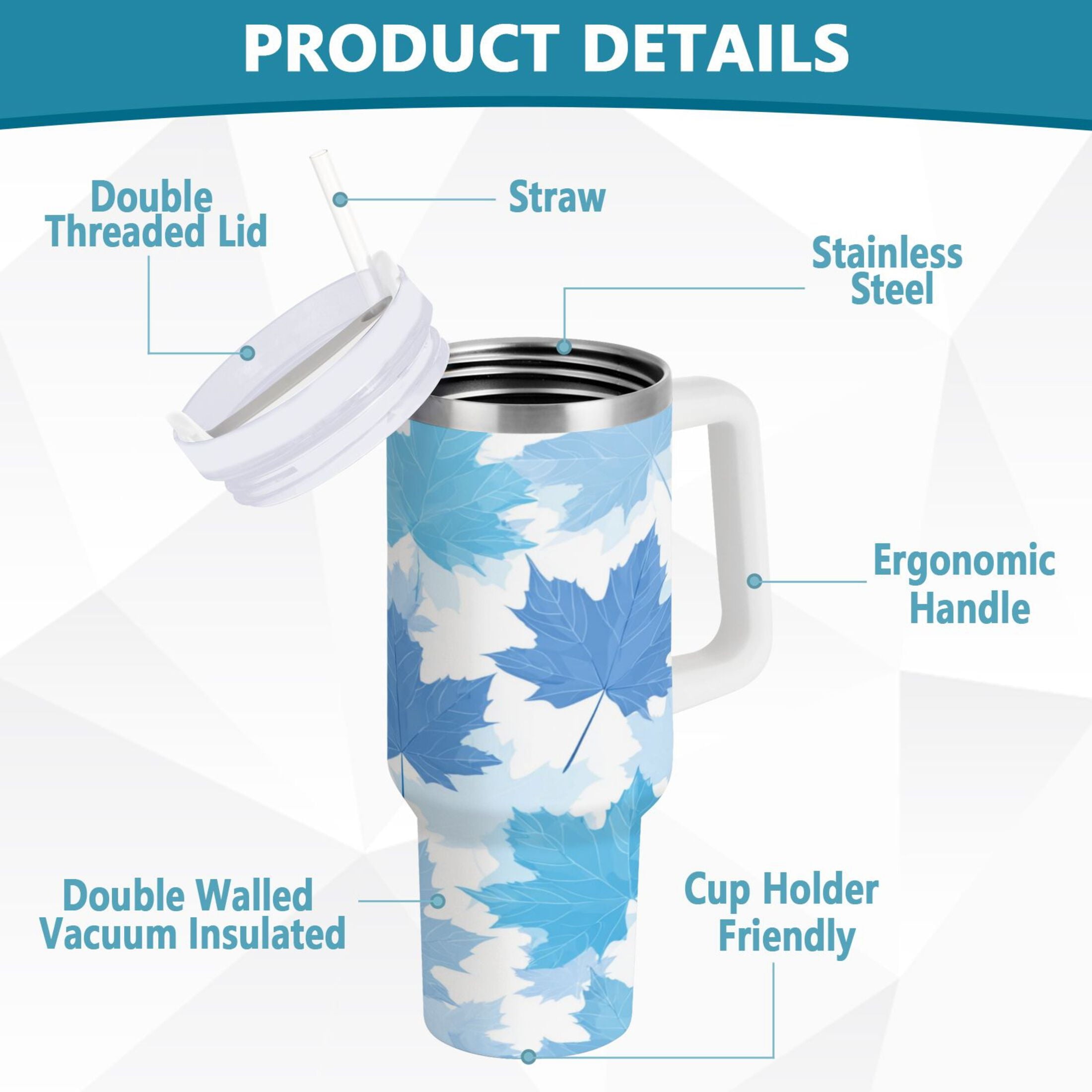 30 oz Insulated Stainless Steel Tumbler Double Wall Stainless Steel Tumbler with 2-Way Drinking Light Blue Maple Leaves C461M