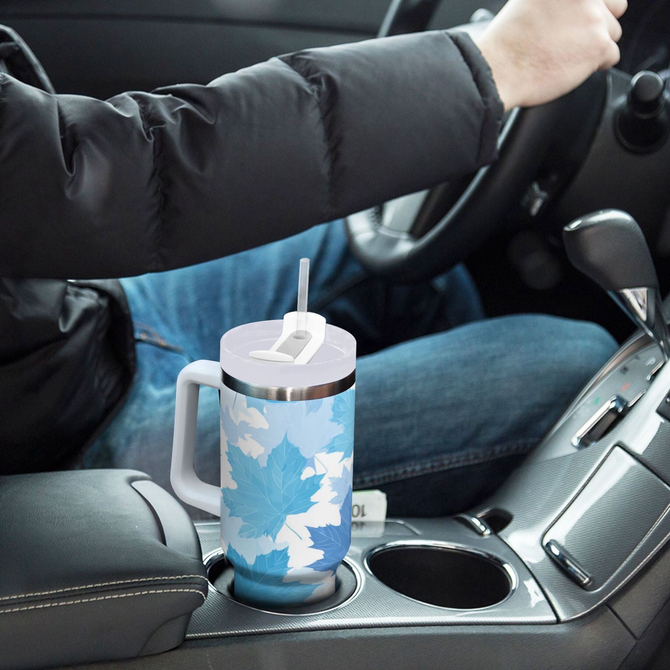 30 oz Insulated Stainless Steel Tumbler Double Wall Stainless Steel Tumbler with 2-Way Drinking Light Blue Maple Leaves C461M