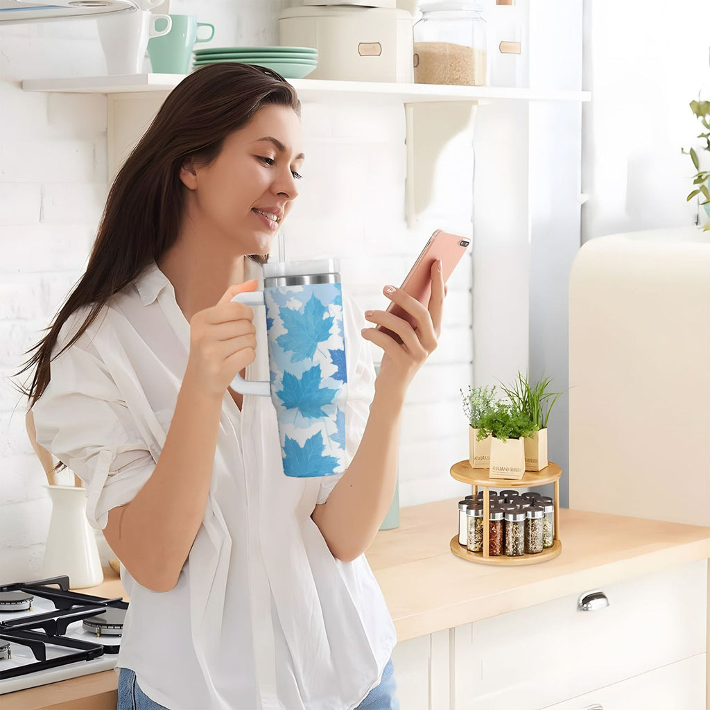 30 oz Insulated Stainless Steel Tumbler Double Wall Stainless Steel Tumbler with 2-Way Drinking Light Blue Maple Leaves C461M