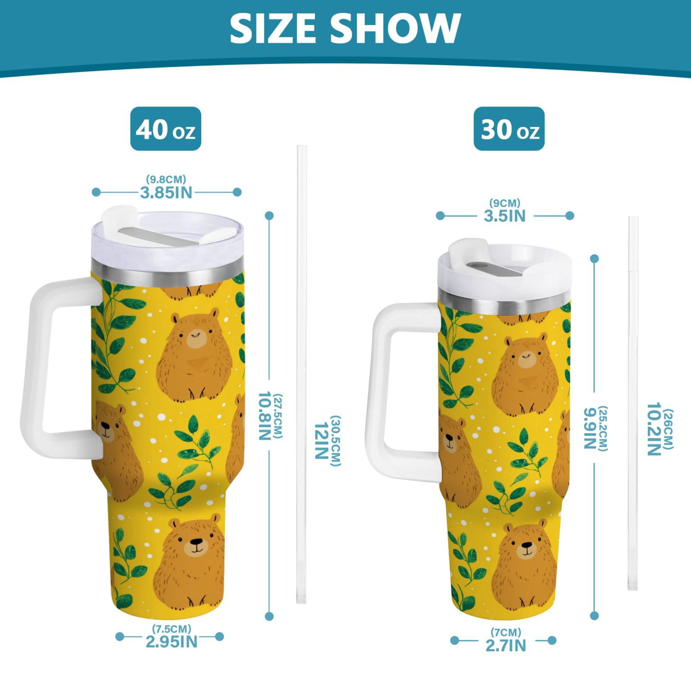 30 oz Insulated Stainless Steel Tumbler Double Wall Stainless Steel Tumbler with 2-Way Drinking Capybara and Green Leaves C658A