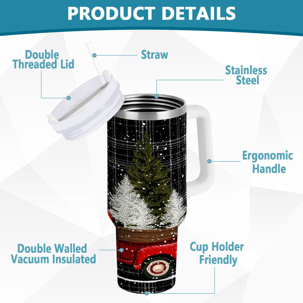 40 oz Insulated Stainless Steel Tumbler Double Wall Stainless Steel Tumbler with 2-Way Drinking Red Truck with Christmas Tree C669U