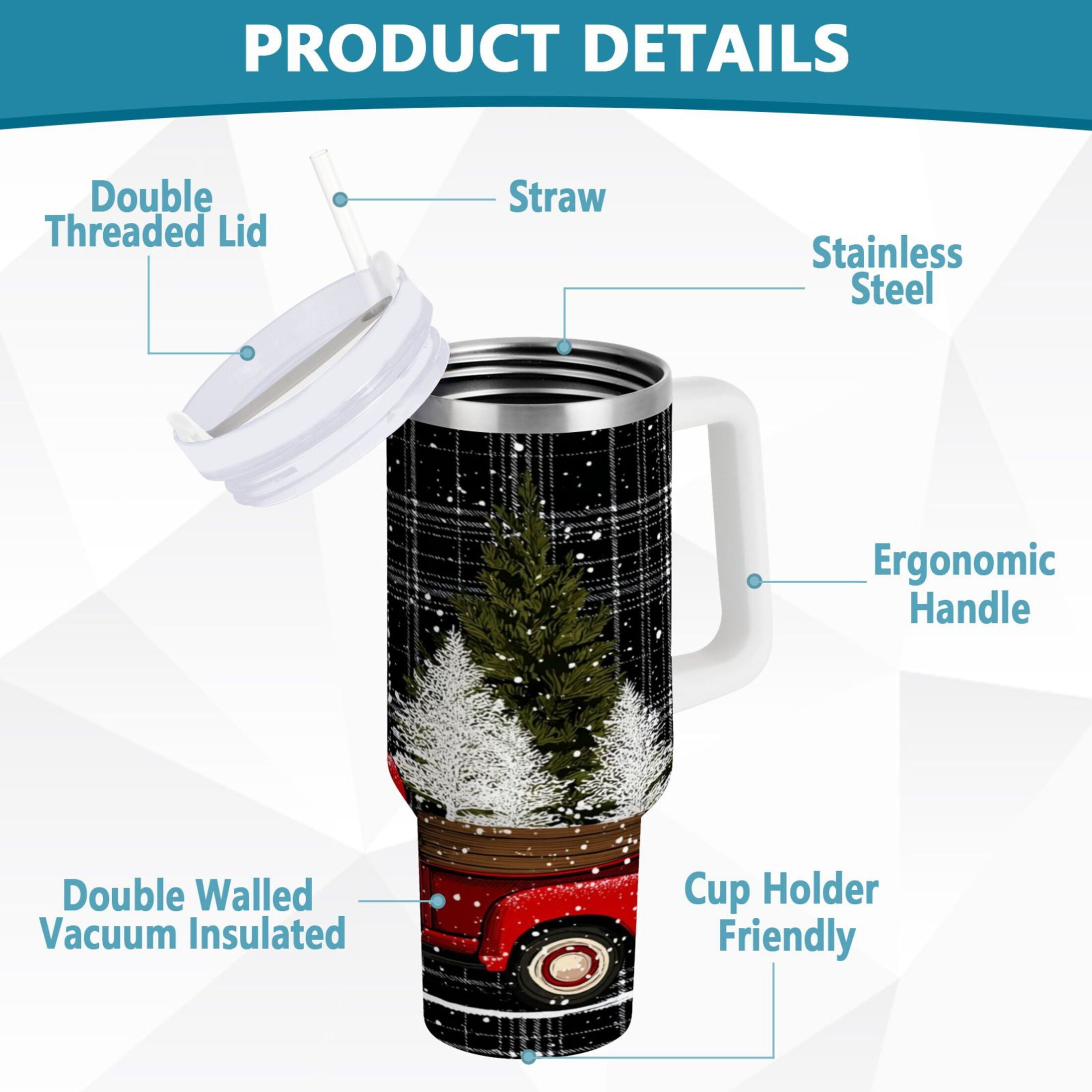 40 oz Insulated Stainless Steel Tumbler Double Wall Stainless Steel Tumbler with 2-Way Drinking Red Truck with Christmas Tree C669U
