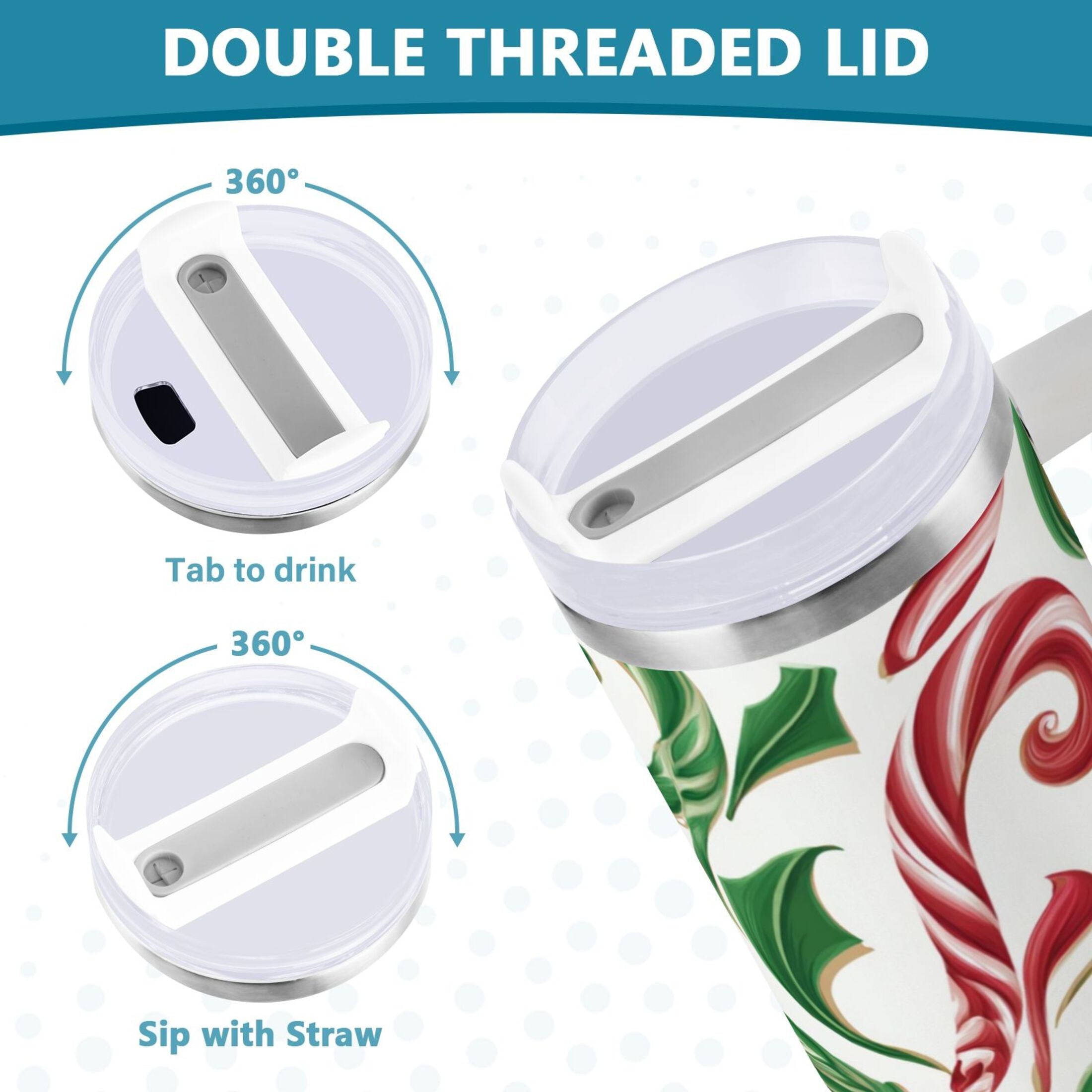 40 oz Insulated Stainless Steel Tumbler Double Wall Stainless Steel Tumbler with 2-Way Drinking Red and Green Candy-cane C573M