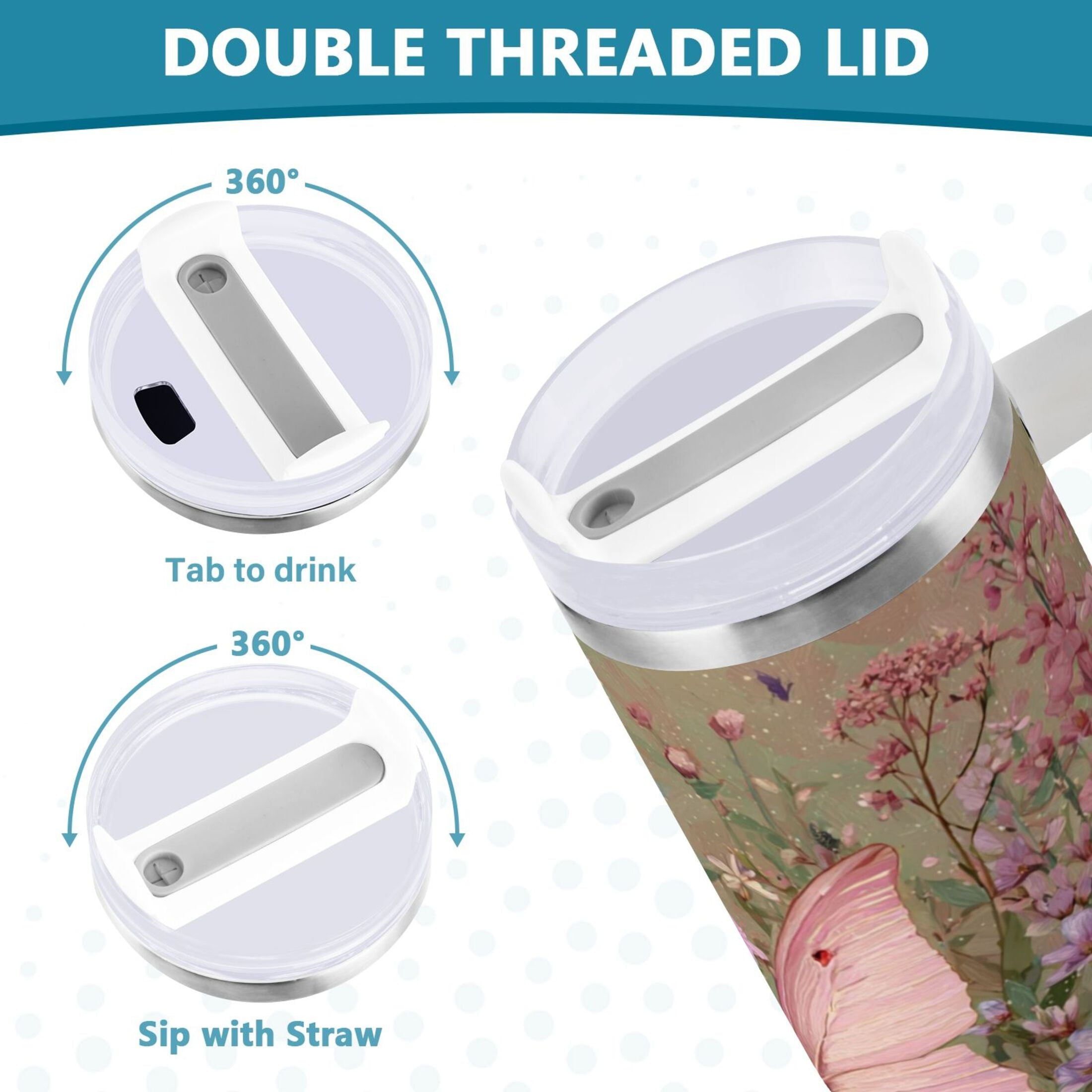 30 oz Insulated Stainless Steel Tumbler Double Wall Stainless Steel Tumbler with 2-Way Drinking Delicate Butterfly C643T