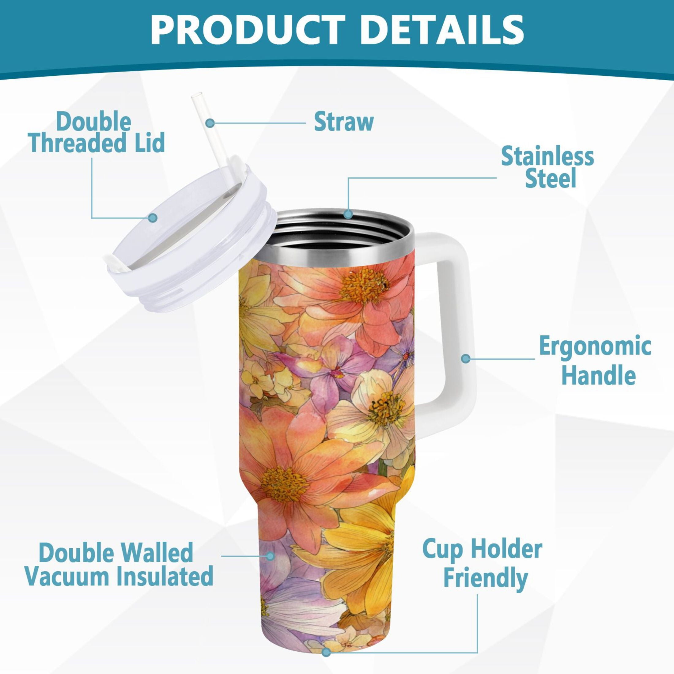 30 oz Insulated Stainless Steel Tumbler Double Wall Stainless Steel Tumbler with 2-Way Drinking Summer Blossoms C540G