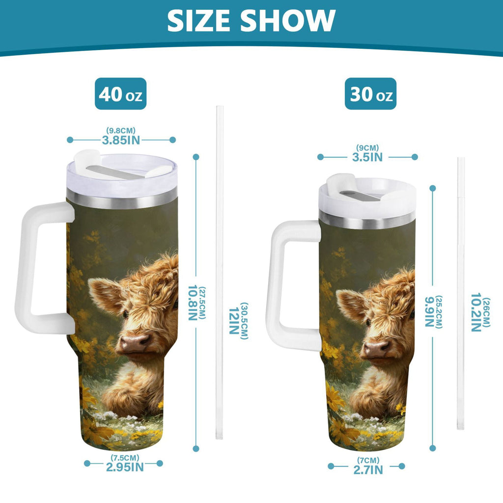 40 oz Insulated Stainless Steel Tumbler Double Wall Stainless Steel Tumbler with 2-Way Drinking Cow Lying in Sunflowers C665L