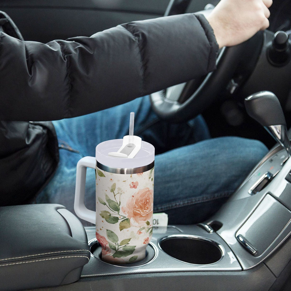 40 oz Insulated Stainless Steel Tumbler Double Wall Stainless Steel Tumbler with 2-Way Drinking Watercolor Rose Floral Pattern C499A