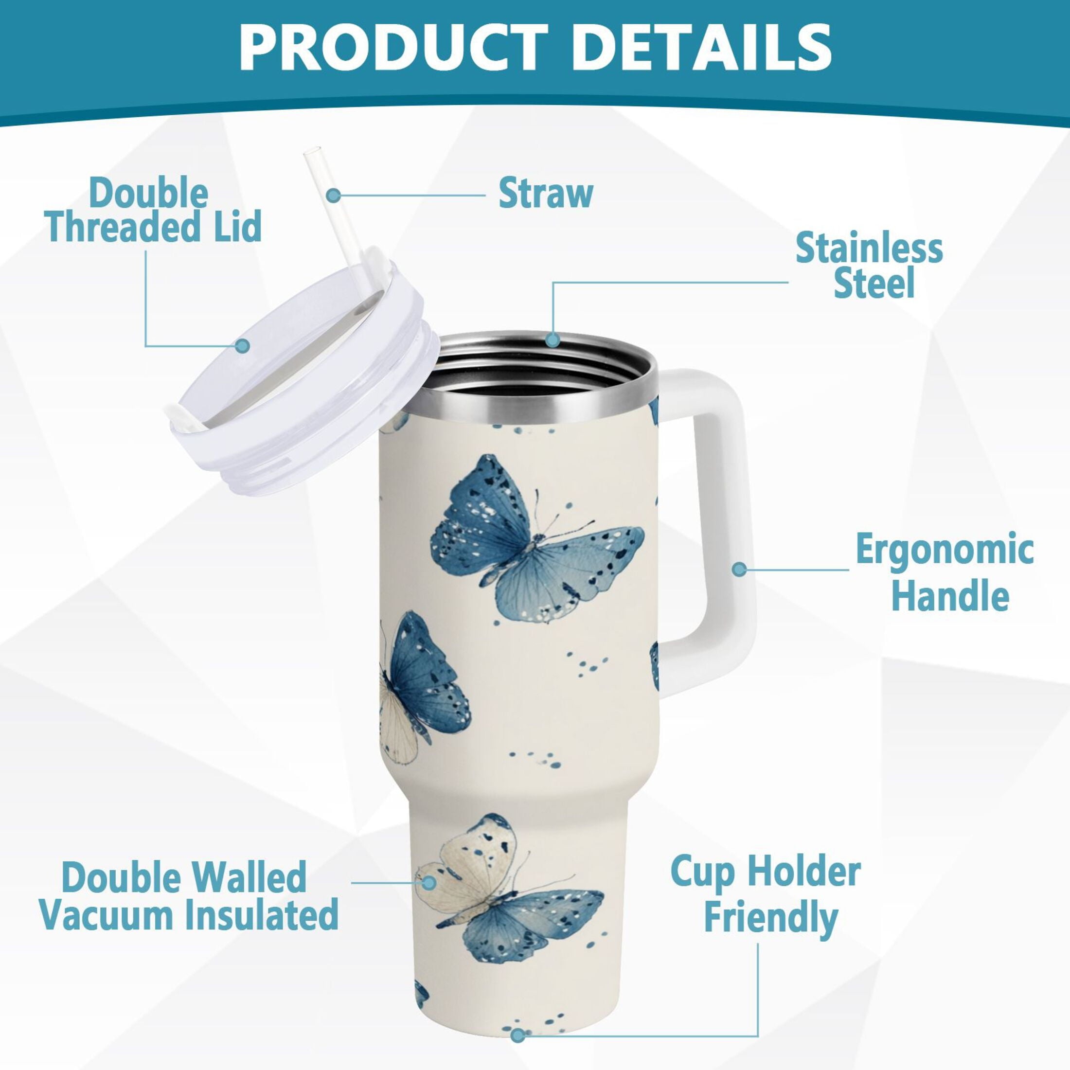30 oz Insulated Stainless Steel Tumbler Double Wall Stainless Steel Tumbler with 2-Way Drinking Blue Watercolor Butterflies C572J