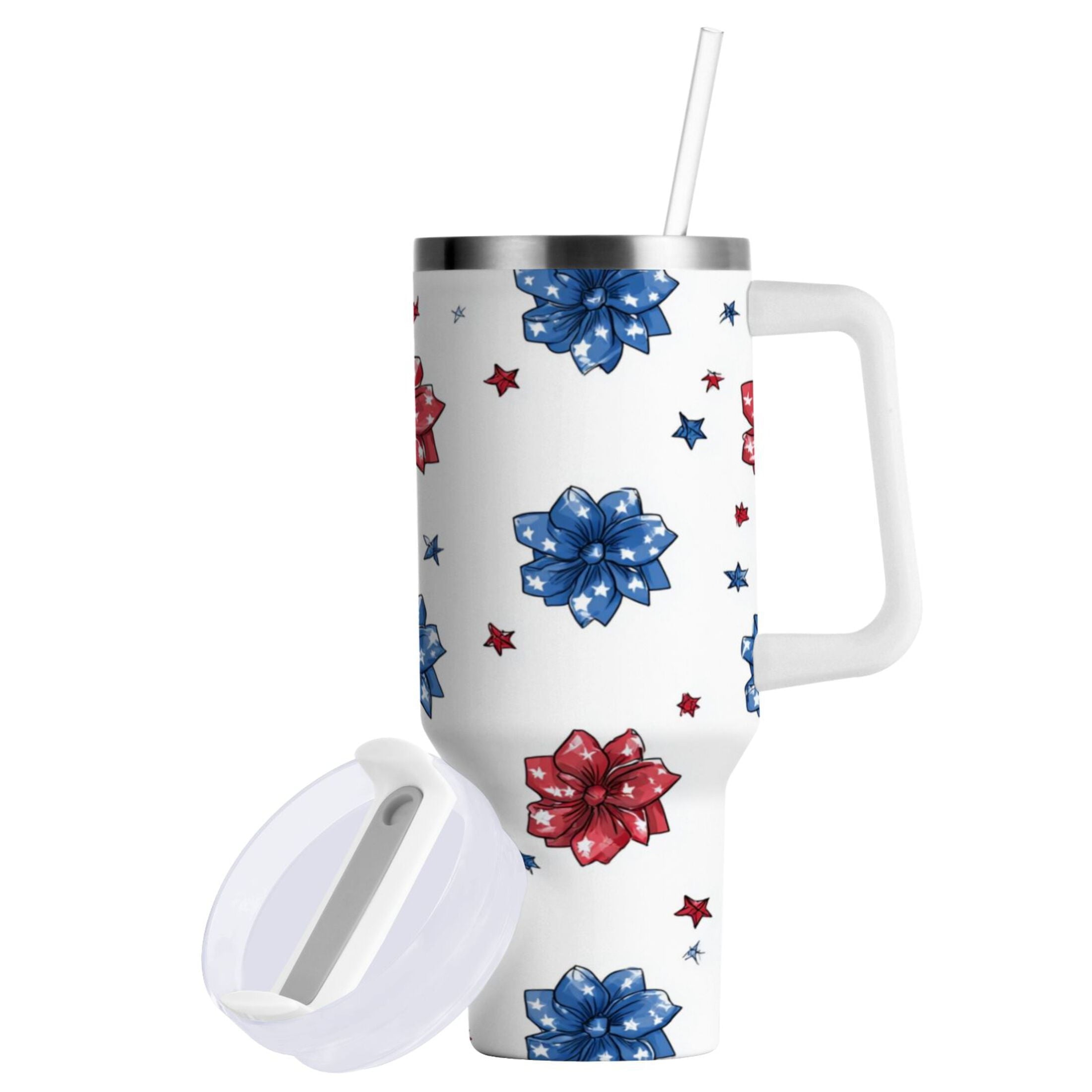 40 oz Insulated Stainless Steel Tumbler Double Wall Stainless Steel Tumbler with 2-Way Drinking Stars and Stripes Puttern Flower C521P