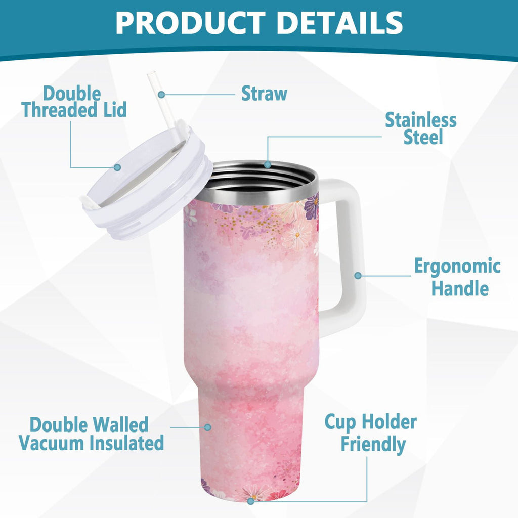 30 oz Insulated Stainless Steel Tumbler Double Wall Stainless Steel Tumbler with 2-Way Drinking Colorful Pastel Floral Pattern C514N