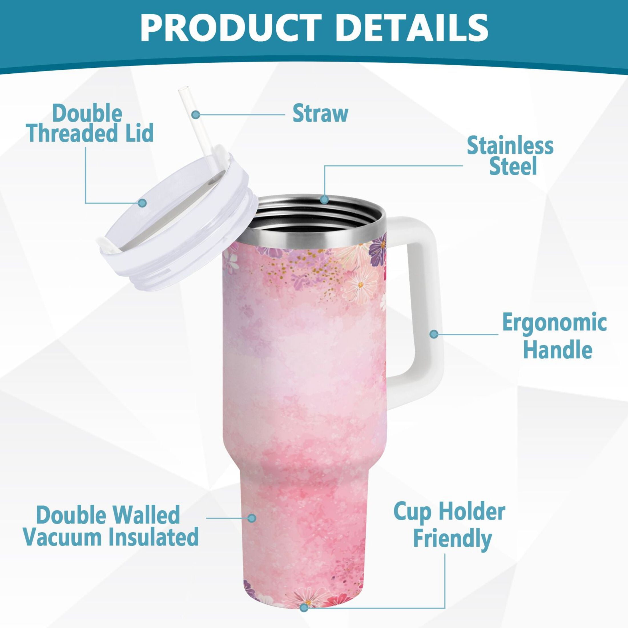 30 oz Insulated Stainless Steel Tumbler Double Wall Stainless Steel Tumbler with 2-Way Drinking Colorful Pastel Floral Pattern C514N