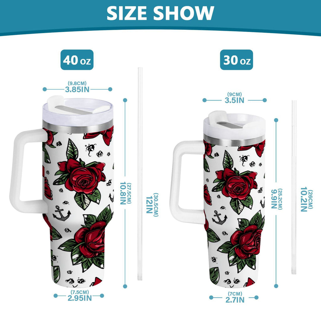 40 oz Insulated Stainless Steel Tumbler Double Wall Stainless Steel Tumbler with 2-Way Drinking Red Roses and Cherries C599D
