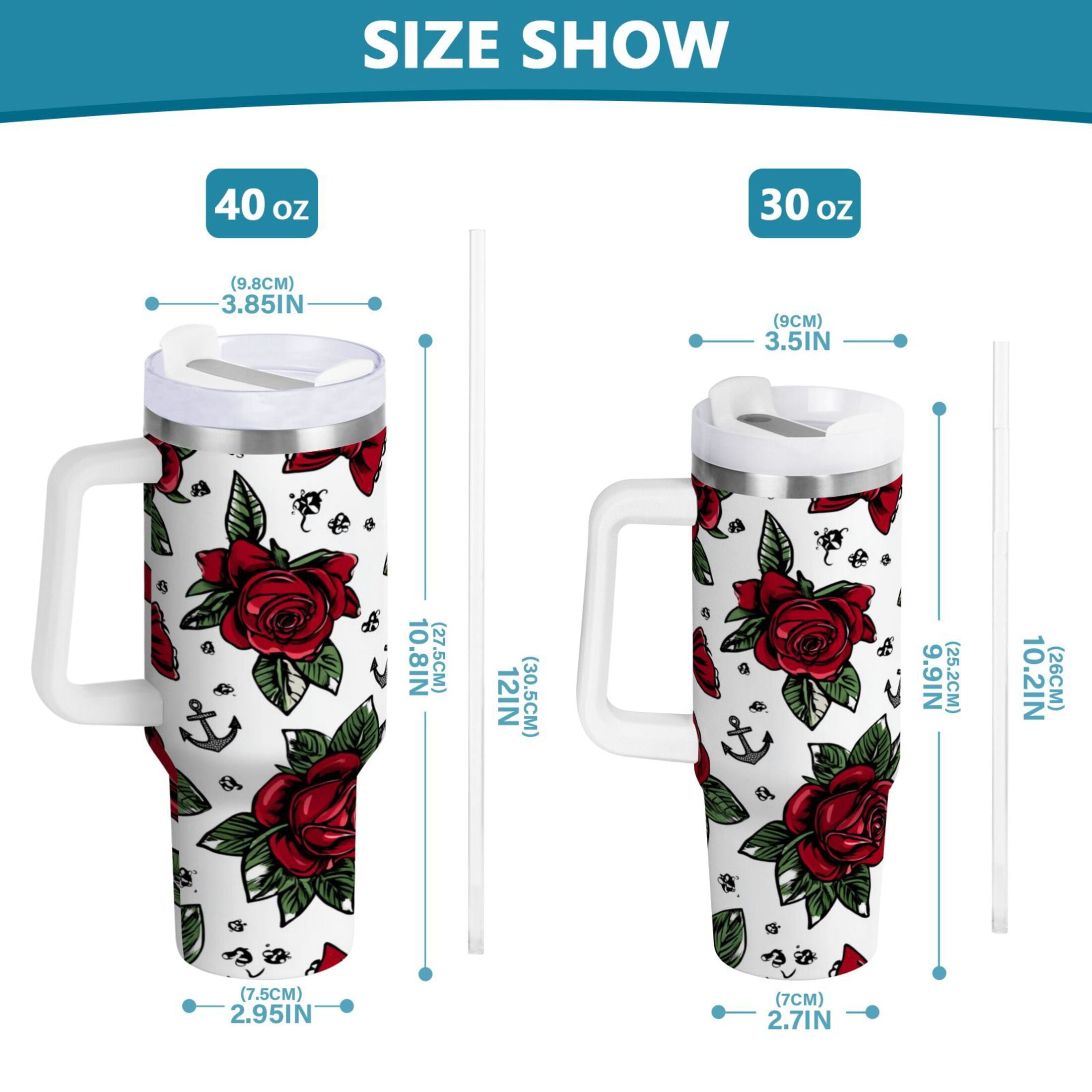 40 oz Insulated Stainless Steel Tumbler Double Wall Stainless Steel Tumbler with 2-Way Drinking Red Roses and Cherries C599D