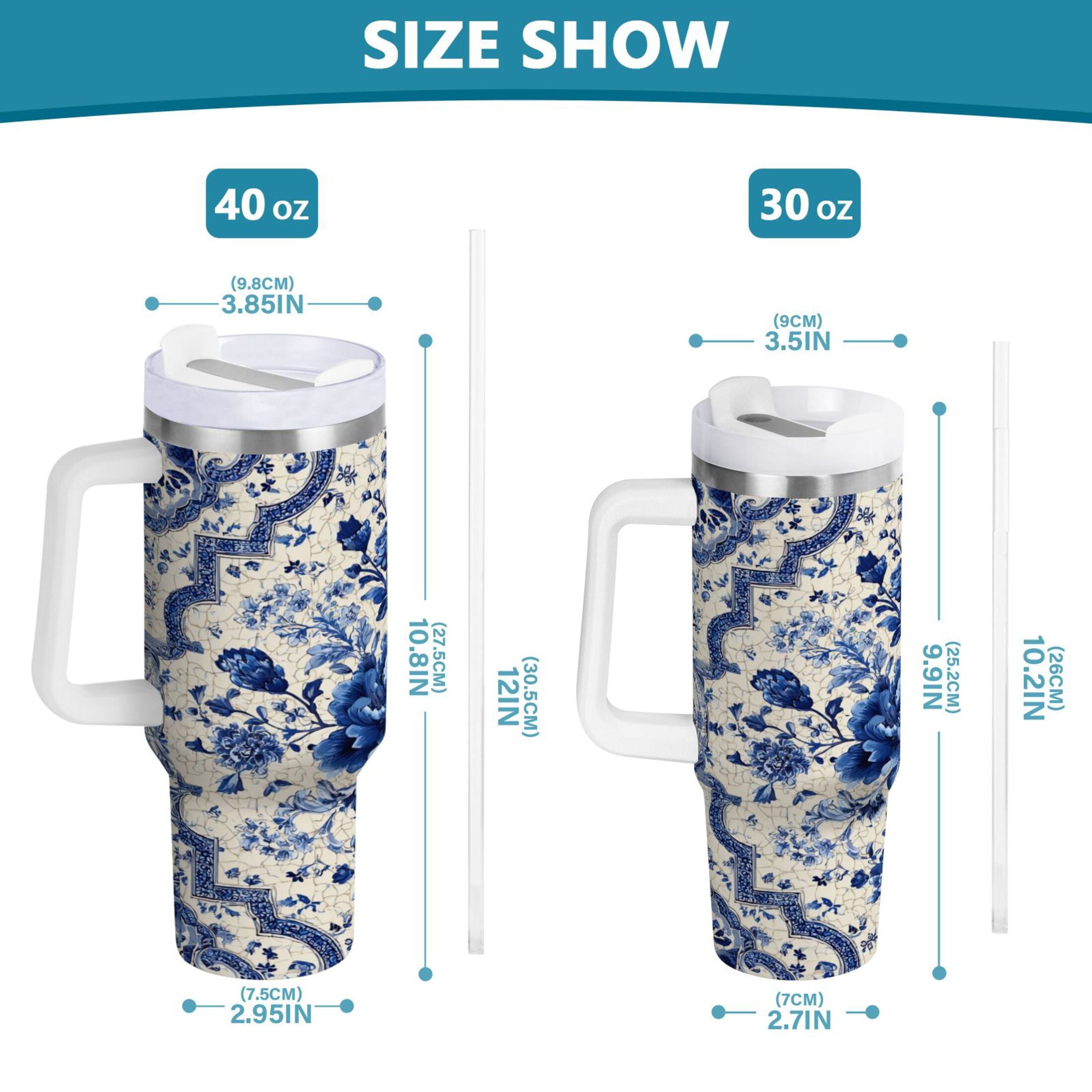 30 oz Insulated Stainless Steel Tumbler Double Wall Stainless Steel Tumbler with 2-Way Drinking Blue and White Porcelain-style C576F