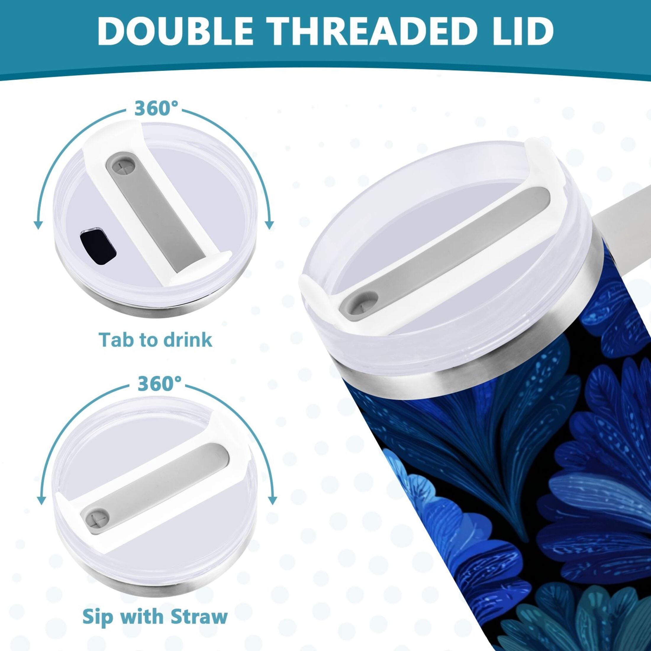 30 oz Insulated Stainless Steel Tumbler Double Wall Stainless Steel Tumbler with 2-Way Drinking Blue Batik Leaves Pattern C525X