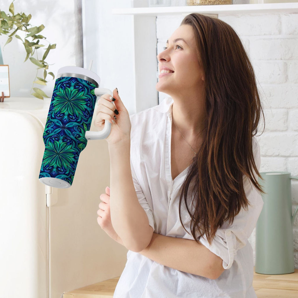 40 oz Insulated Stainless Steel Tumbler Double Wall Stainless Steel Tumbler with 2-Way Drinking Elegant Blue Traditional Patterns C603G