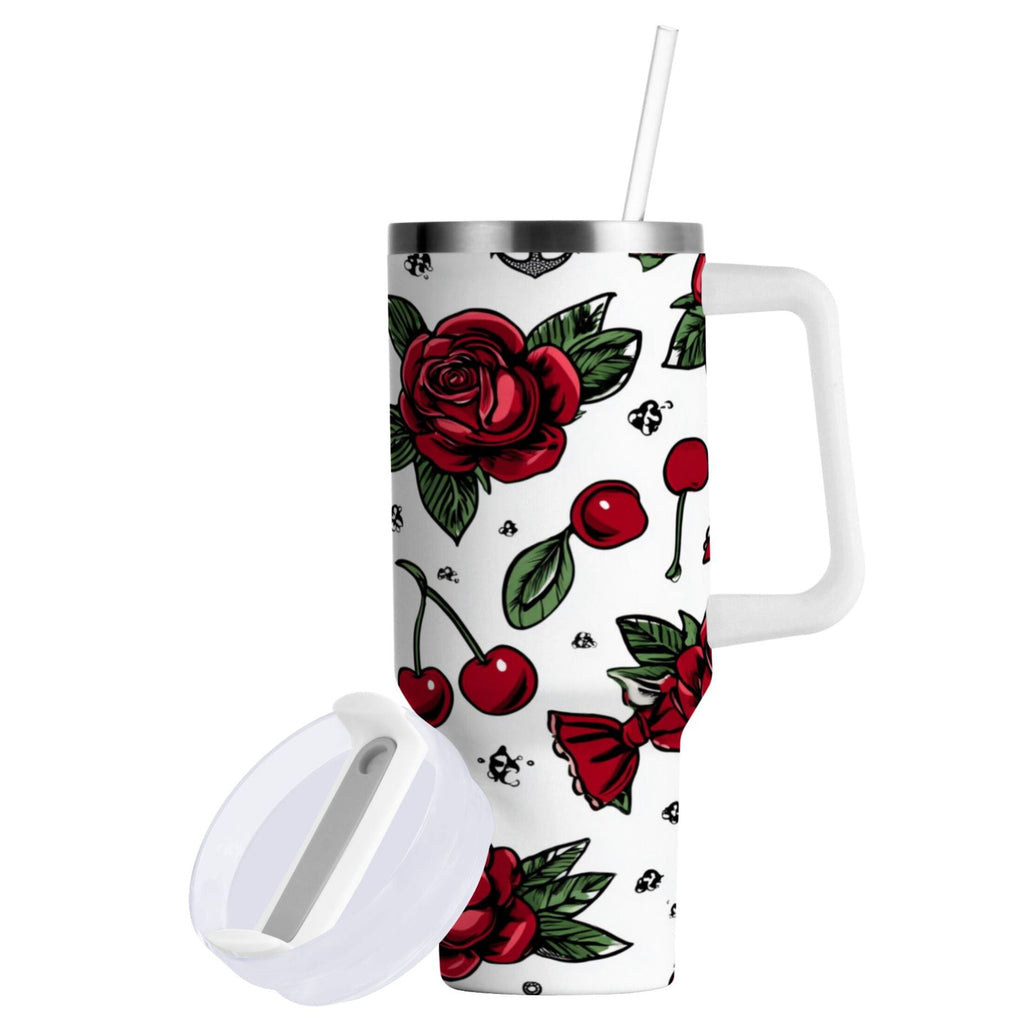 40 oz Insulated Stainless Steel Tumbler Double Wall Stainless Steel Tumbler with 2-Way Drinking Red Roses and Cherries C599D