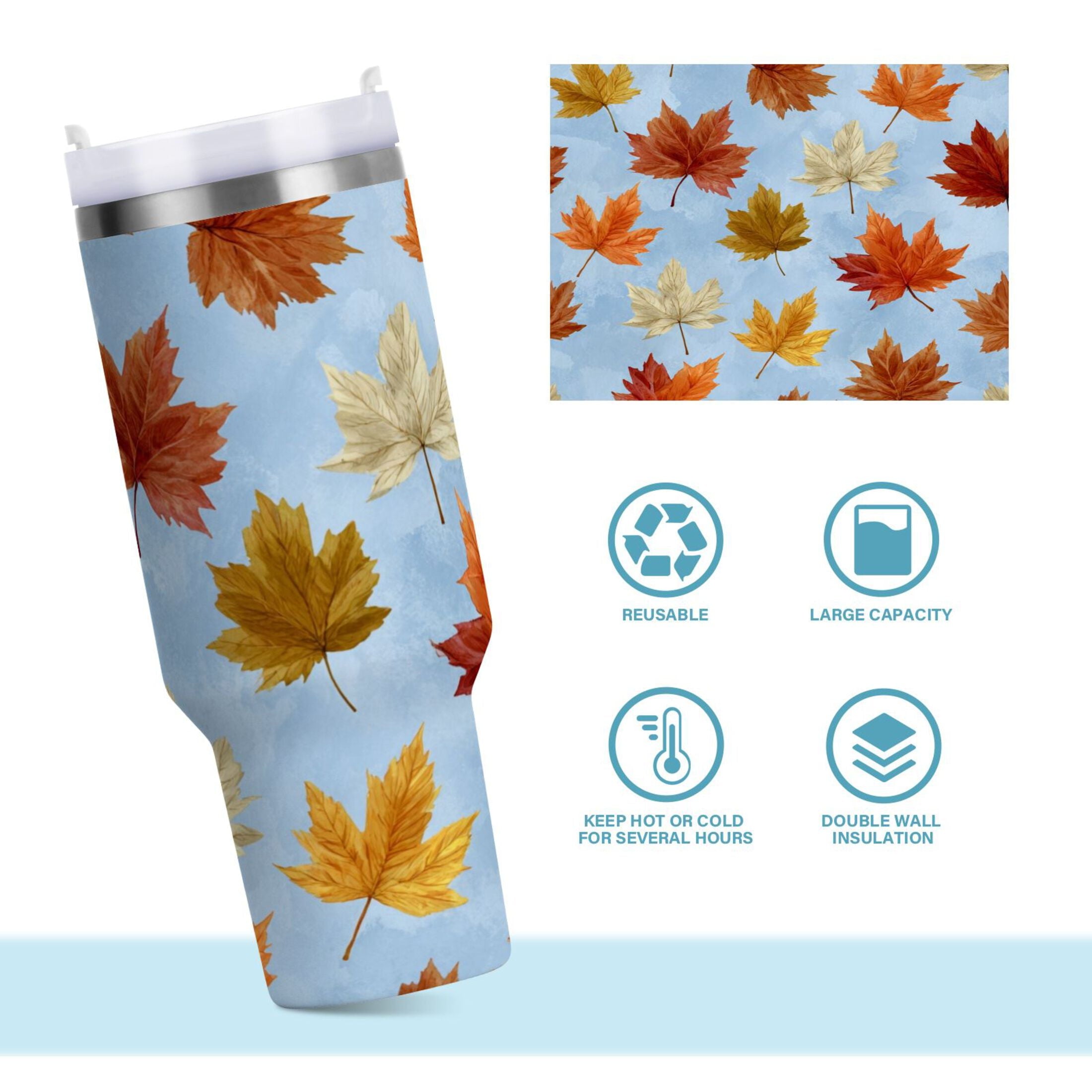 30 oz Insulated Stainless Steel Tumbler Double Wall Stainless Steel Tumbler with 2-Way Drinking Autumn Maple Leaves C641A