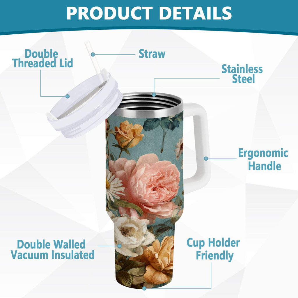 30 oz Insulated Stainless Steel Tumbler Double Wall Stainless Steel Tumbler with 2-Way Drinking Vintage Roses and Peonies C667T