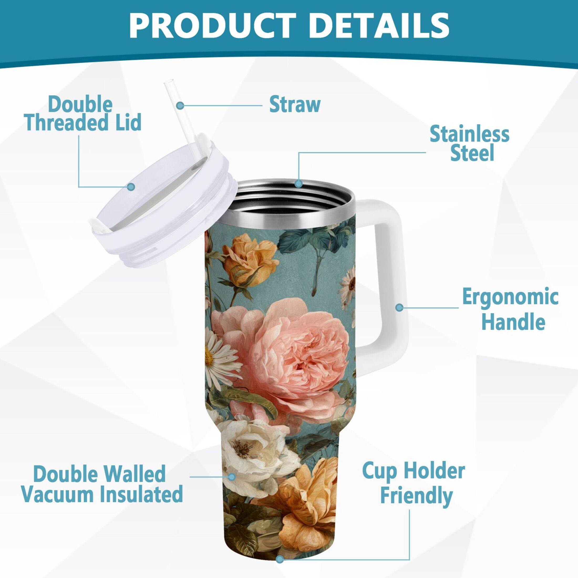 30 oz Insulated Stainless Steel Tumbler Double Wall Stainless Steel Tumbler with 2-Way Drinking Vintage Roses and Peonies C667T