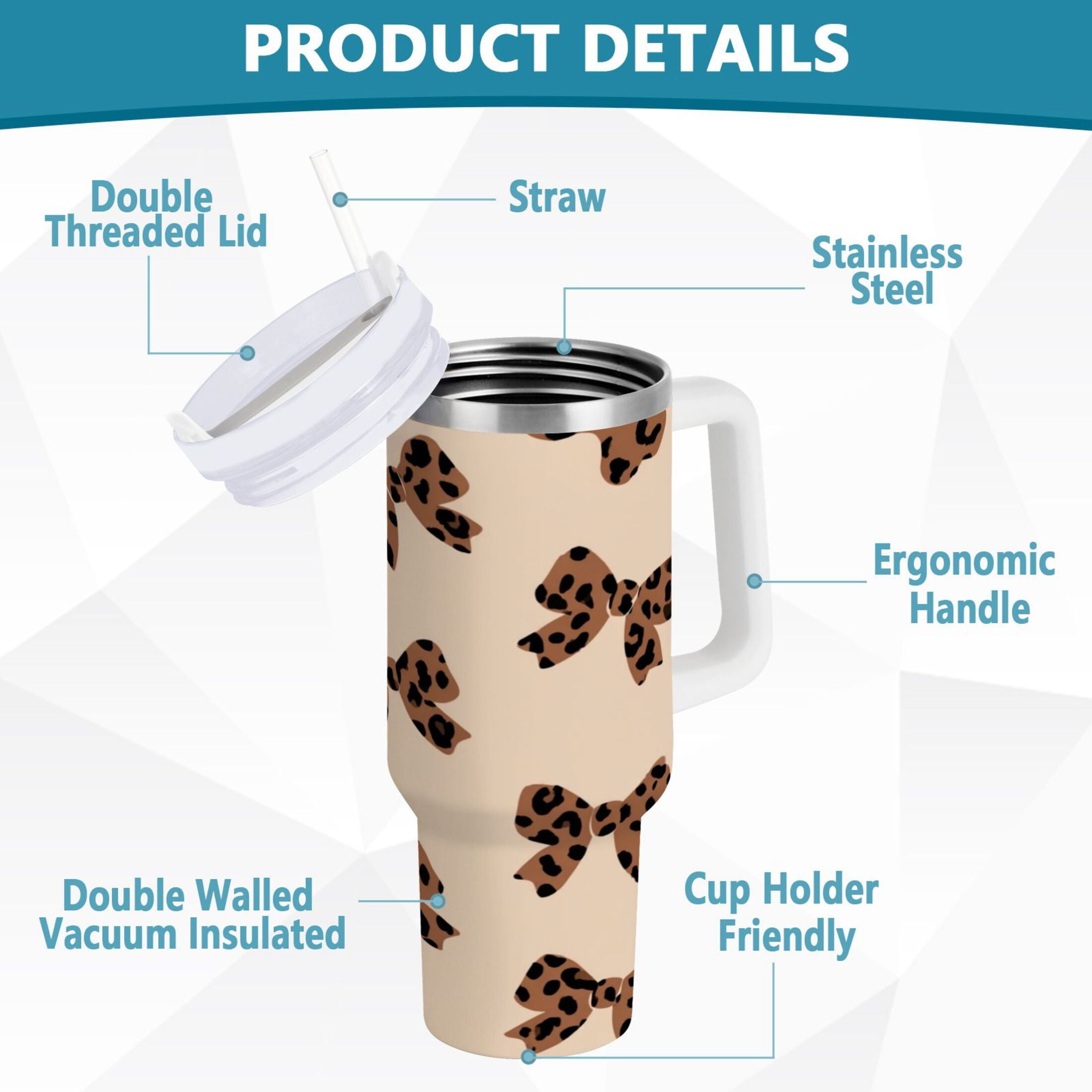 30 oz Insulated Stainless Steel Tumbler Double Wall Stainless Steel Tumbler with 2-Way Drinking Cute Brown Bow C528L