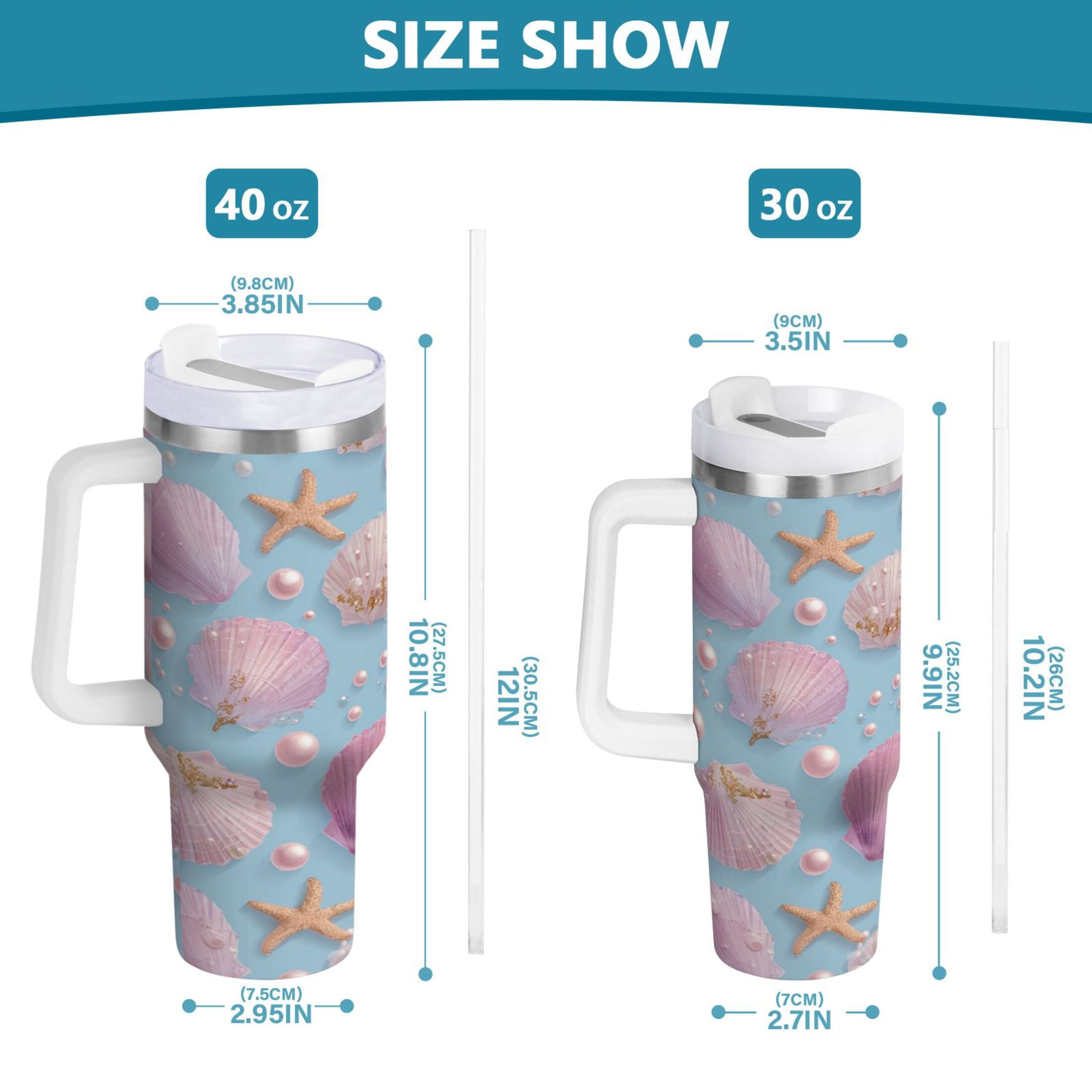40 oz Insulated Stainless Steel Tumbler Double Wall Stainless Steel Tumbler with 2-Way Drinking Seashells and Pearls Pattern C569V