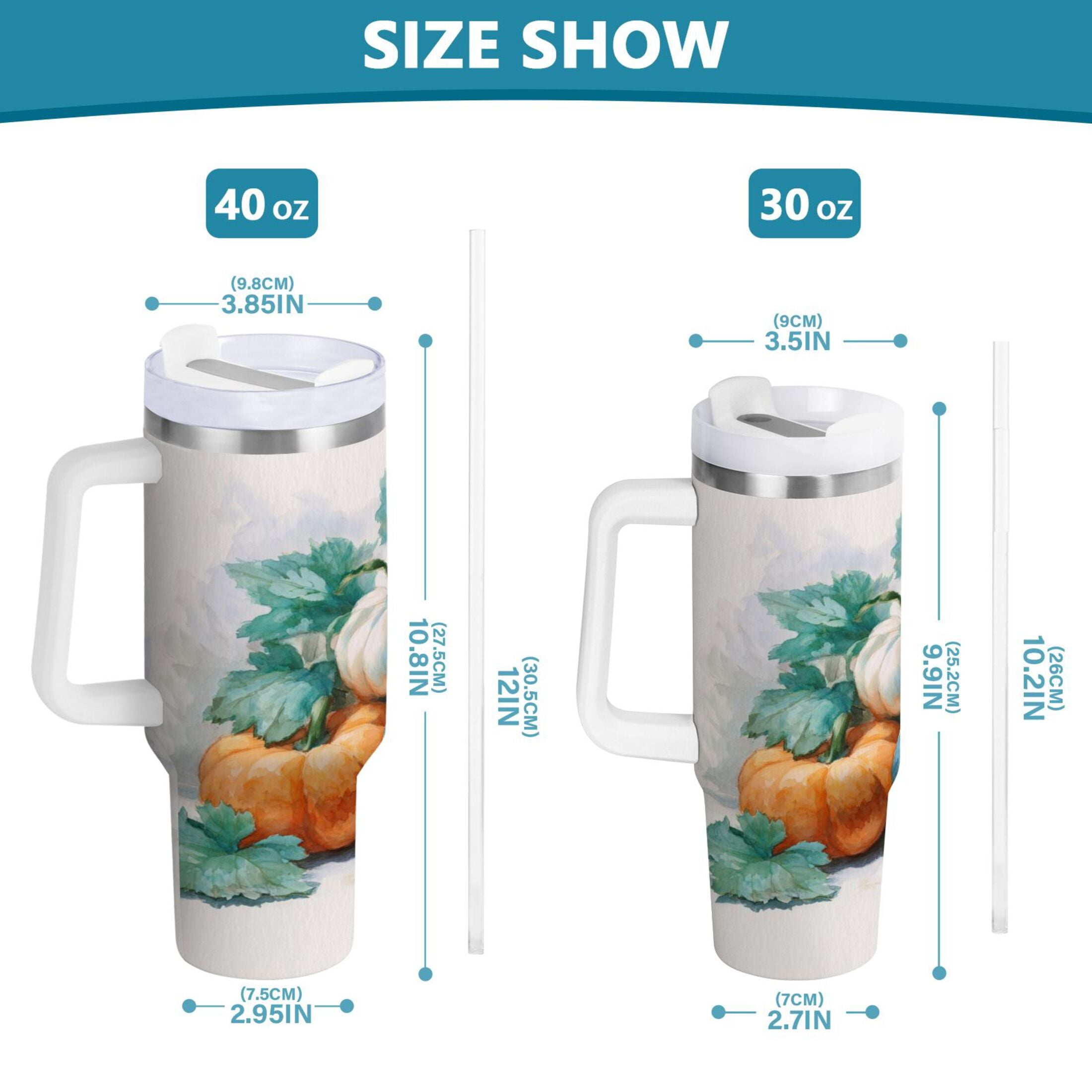 40 oz Insulated Stainless Steel Tumbler Double Wall Stainless Steel Tumbler with 2-Way Drinking Watercolor Pumpkins and Leaves C447J