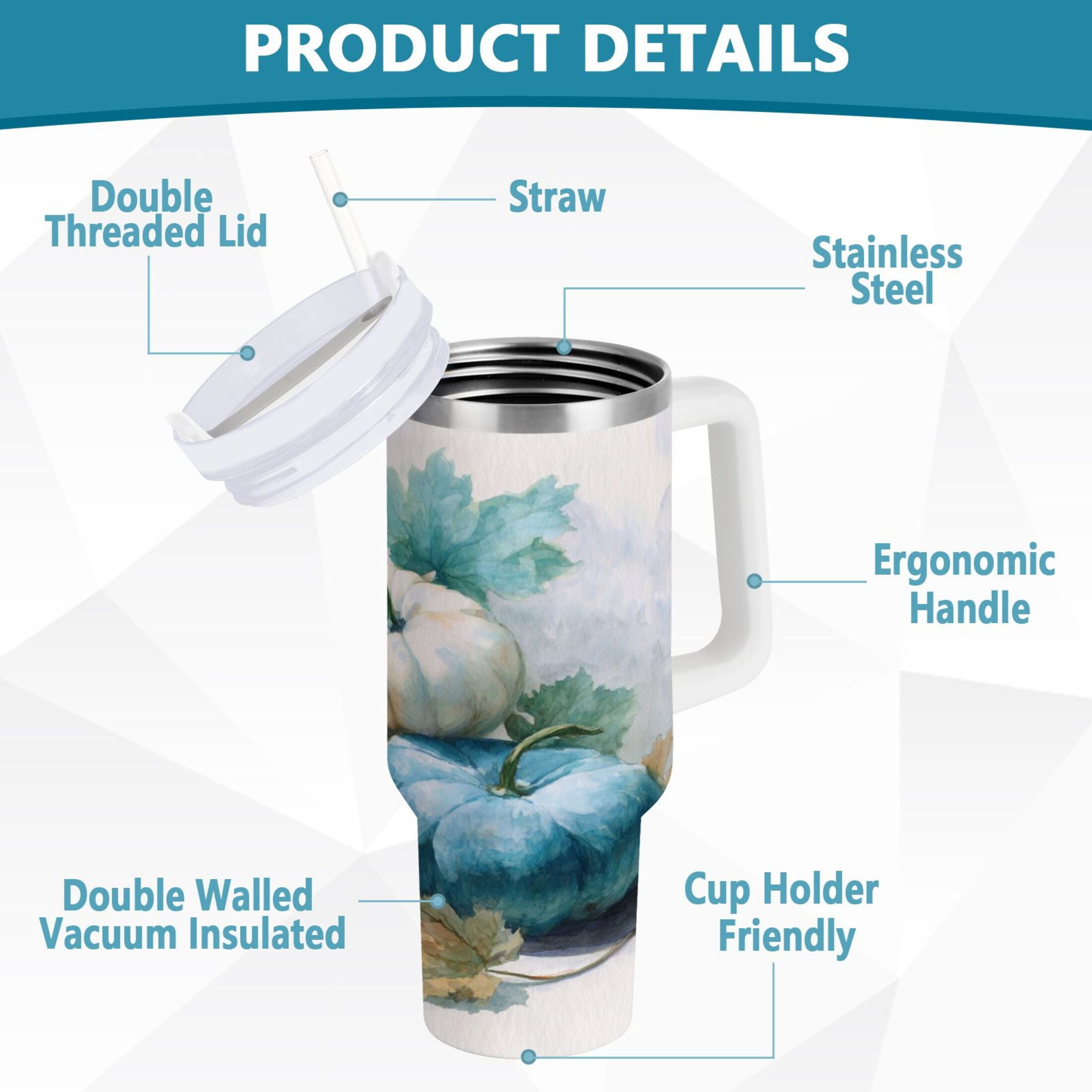 40 oz Insulated Stainless Steel Tumbler Double Wall Stainless Steel Tumbler with 2-Way Drinking Watercolor Pumpkins and Leaves C447J
