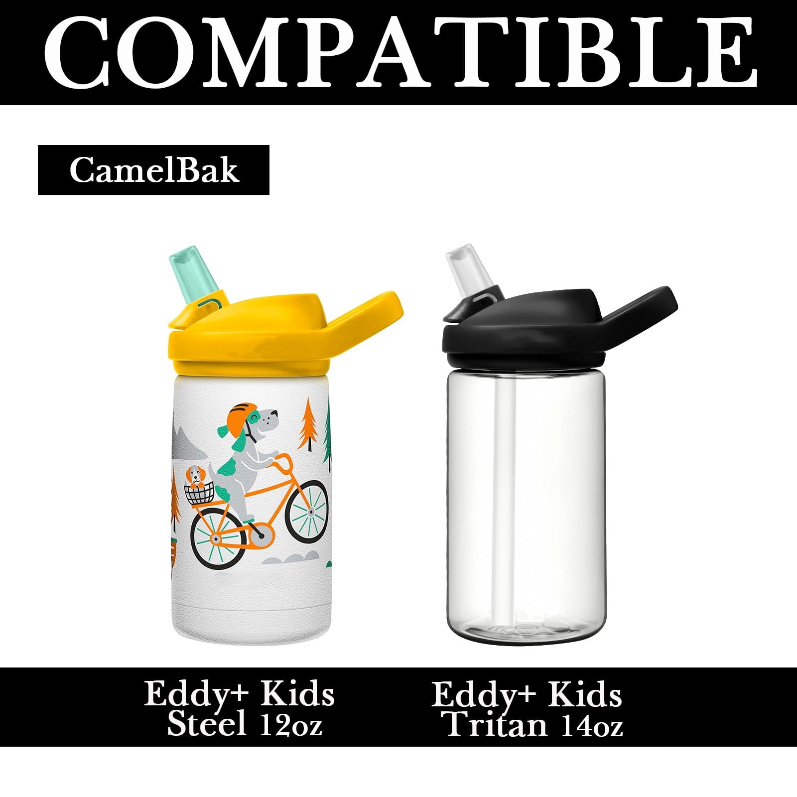 Linkidea Water Bottle Sleeve Compatible with CamelBak Eddy+ Tritan 14oz, Steel 12oz Kids Bottle, Waterbottle Holder Bag with Name Tag, Black C386H