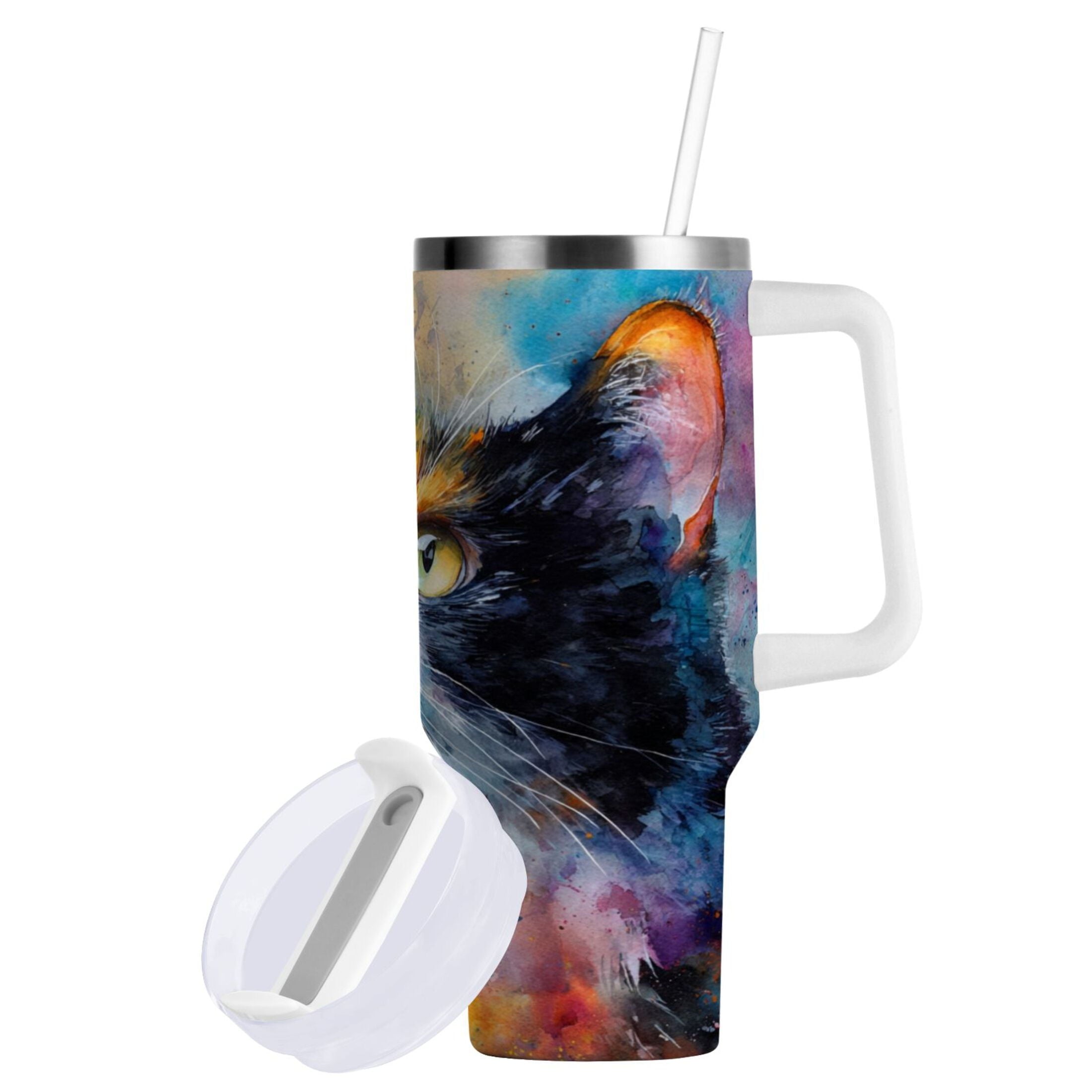 30 oz Insulated Stainless Steel Tumbler Double Wall Stainless Steel Tumbler with 2-Way Drinking Watercolor Calico Cat C465H