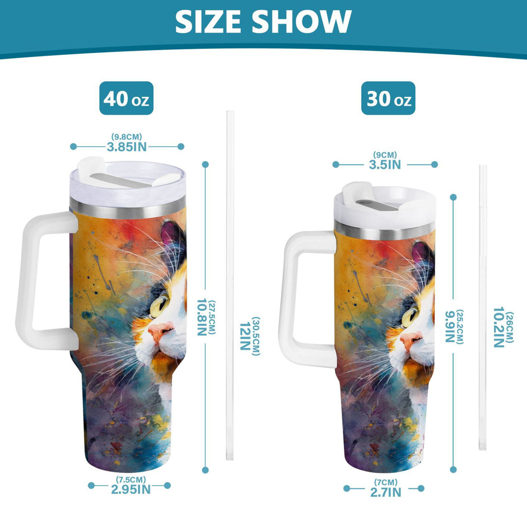 30 oz Insulated Stainless Steel Tumbler Double Wall Stainless Steel Tumbler with 2-Way Drinking Watercolor Calico Cat C465H