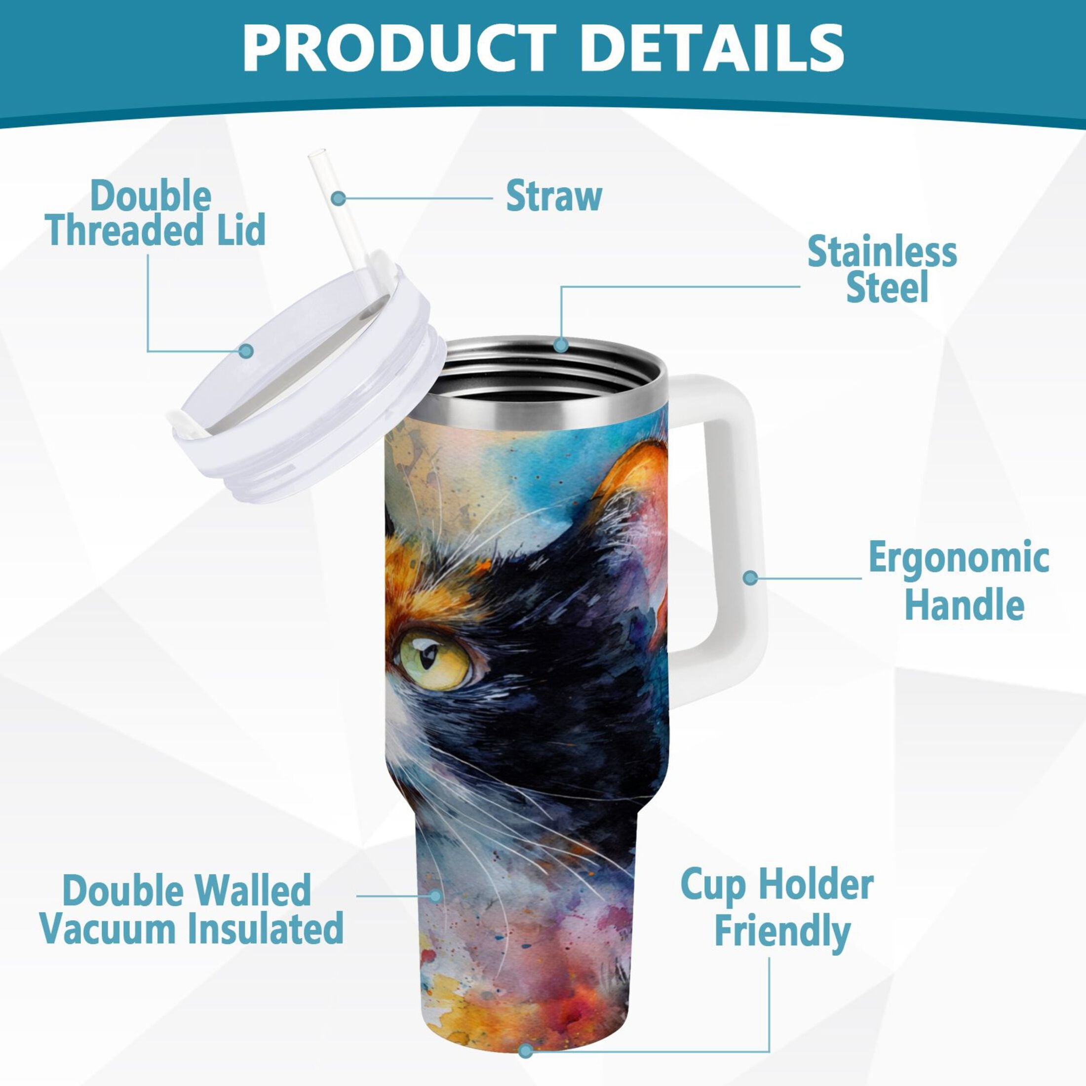 30 oz Insulated Stainless Steel Tumbler Double Wall Stainless Steel Tumbler with 2-Way Drinking Watercolor Calico Cat C465H