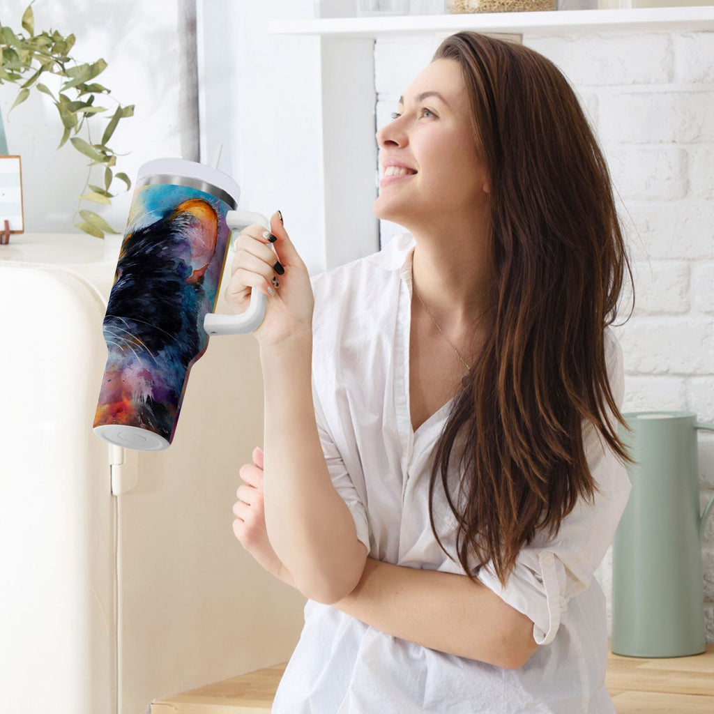 30 oz Insulated Stainless Steel Tumbler Double Wall Stainless Steel Tumbler with 2-Way Drinking Watercolor Calico Cat C465H