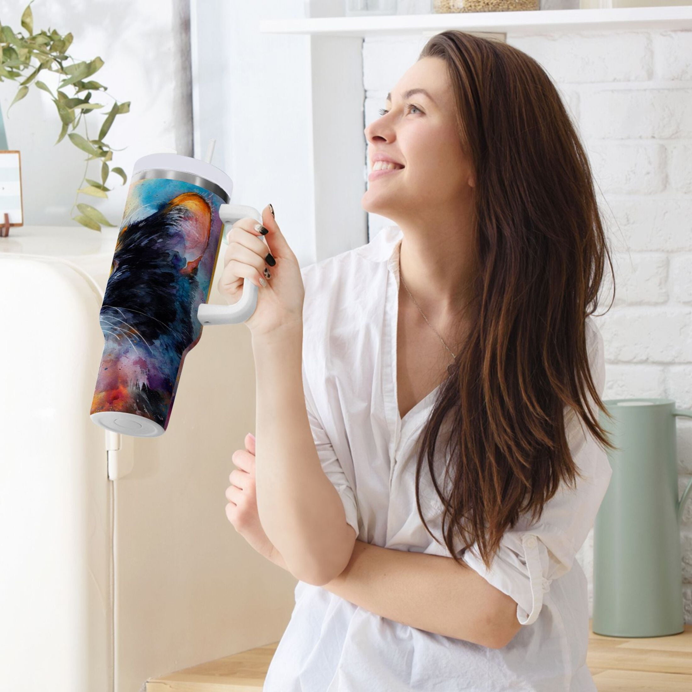 30 oz Insulated Stainless Steel Tumbler Double Wall Stainless Steel Tumbler with 2-Way Drinking Watercolor Calico Cat C465H