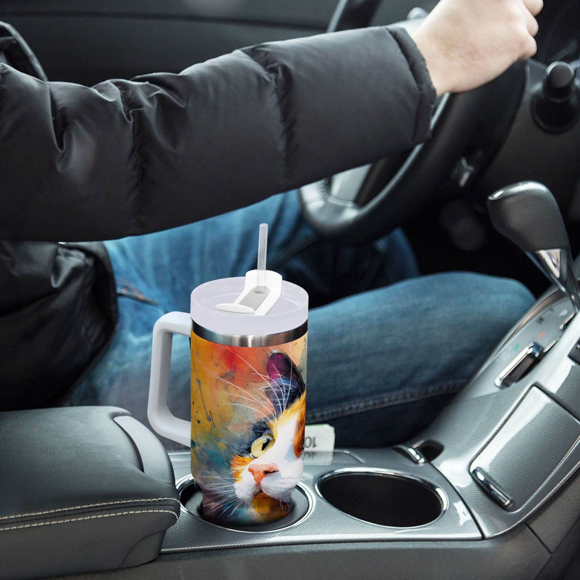 30 oz Insulated Stainless Steel Tumbler Double Wall Stainless Steel Tumbler with 2-Way Drinking Watercolor Calico Cat C465H