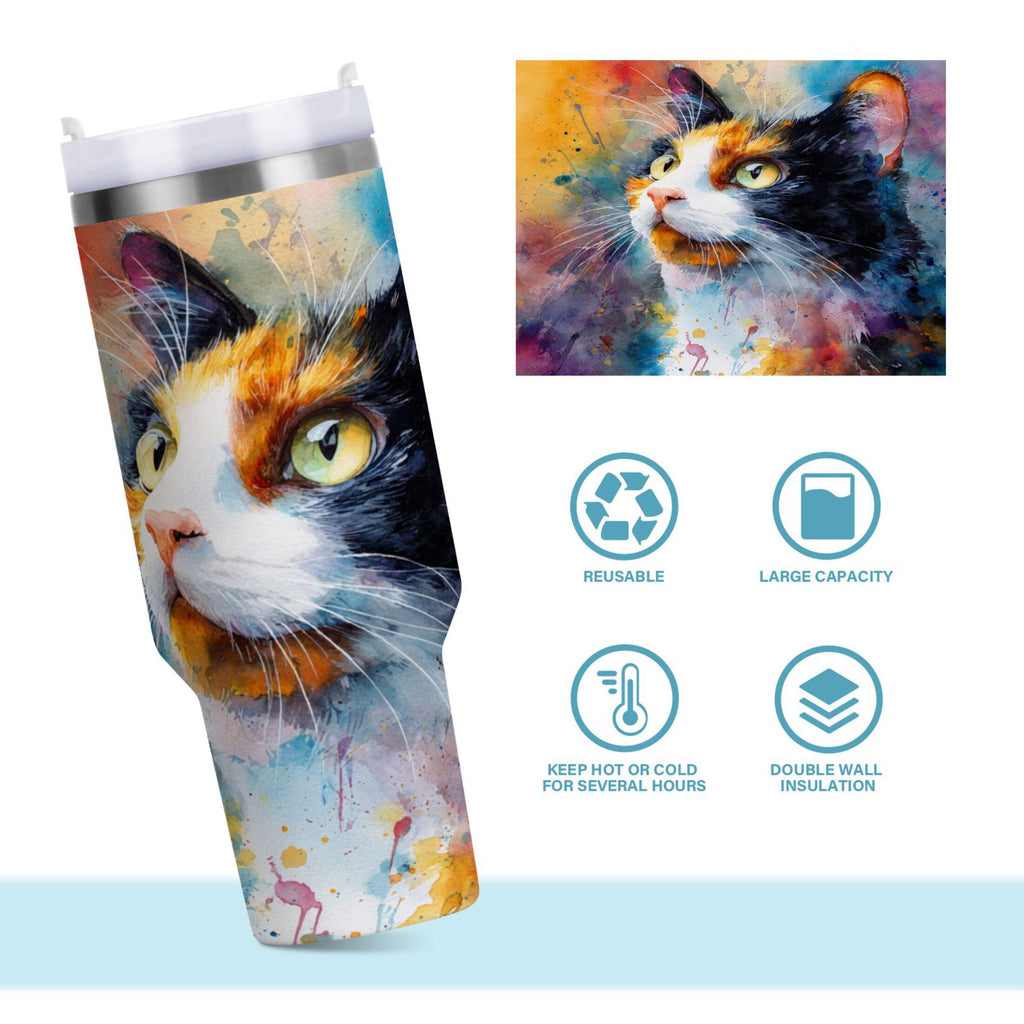 30 oz Insulated Stainless Steel Tumbler Double Wall Stainless Steel Tumbler with 2-Way Drinking Watercolor Calico Cat C465H