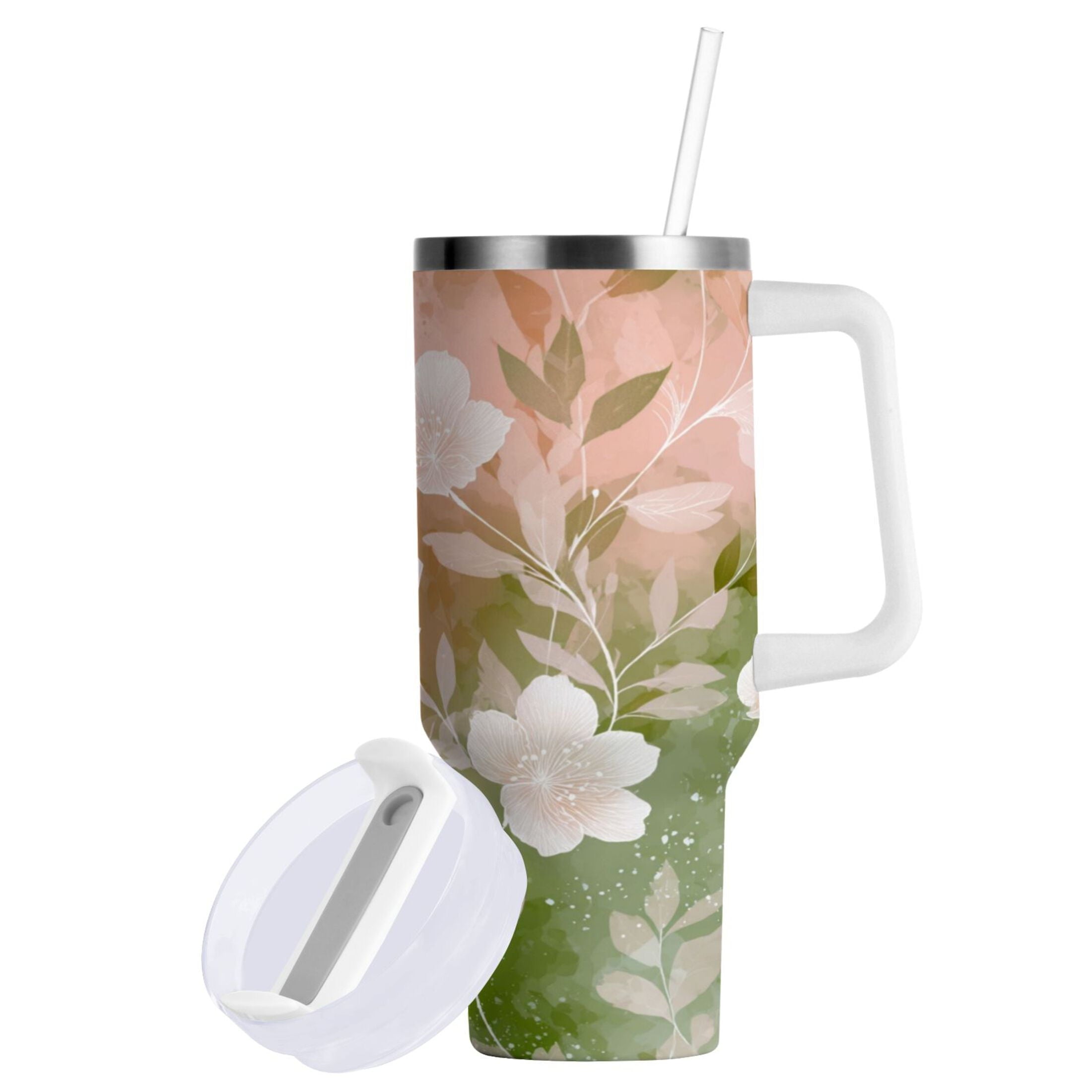 30 oz Insulated Stainless Steel Tumbler Double Wall Stainless Steel Tumbler with 2-Way Drinking Gradient Elegant Floral C471R