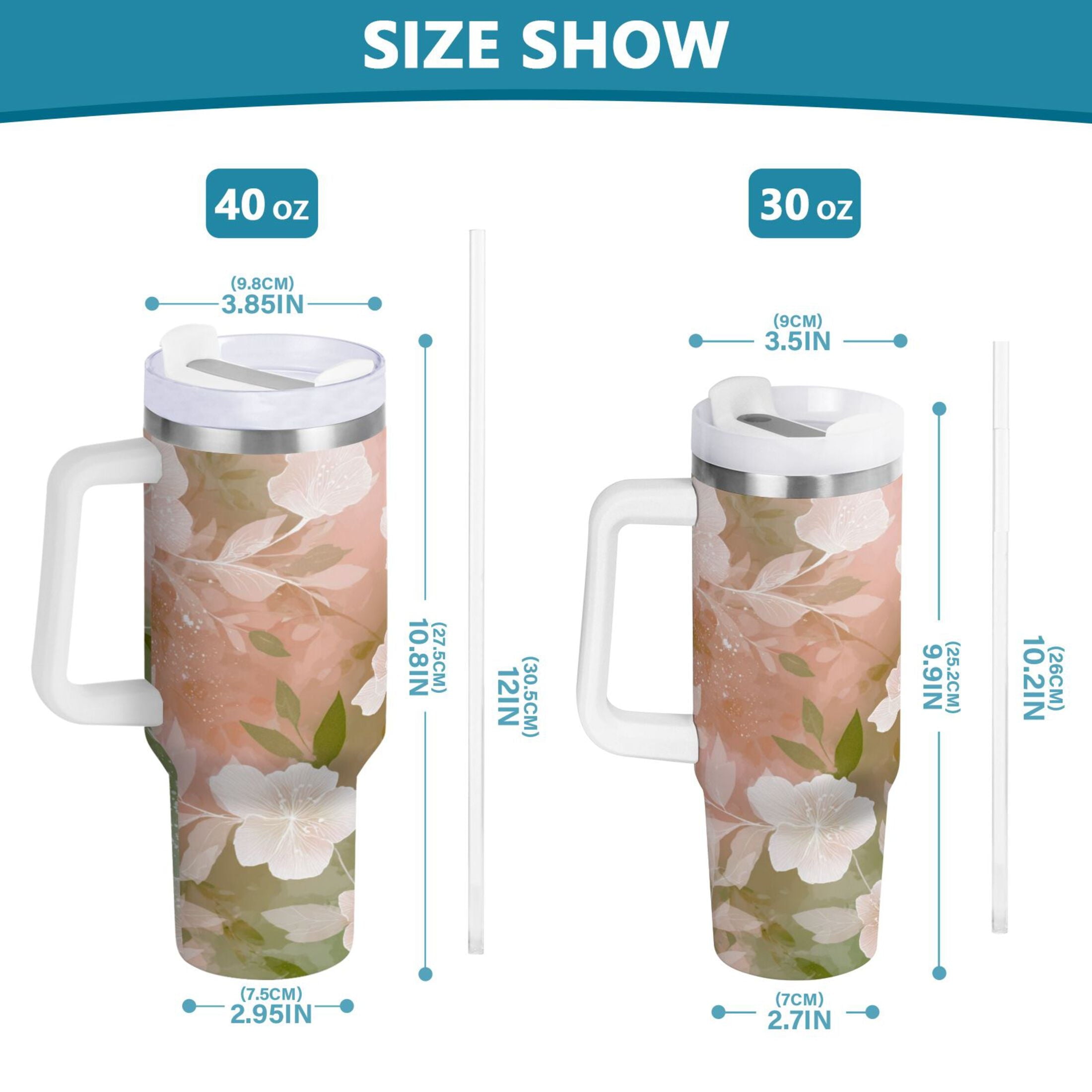 30 oz Insulated Stainless Steel Tumbler Double Wall Stainless Steel Tumbler with 2-Way Drinking Gradient Elegant Floral C471R