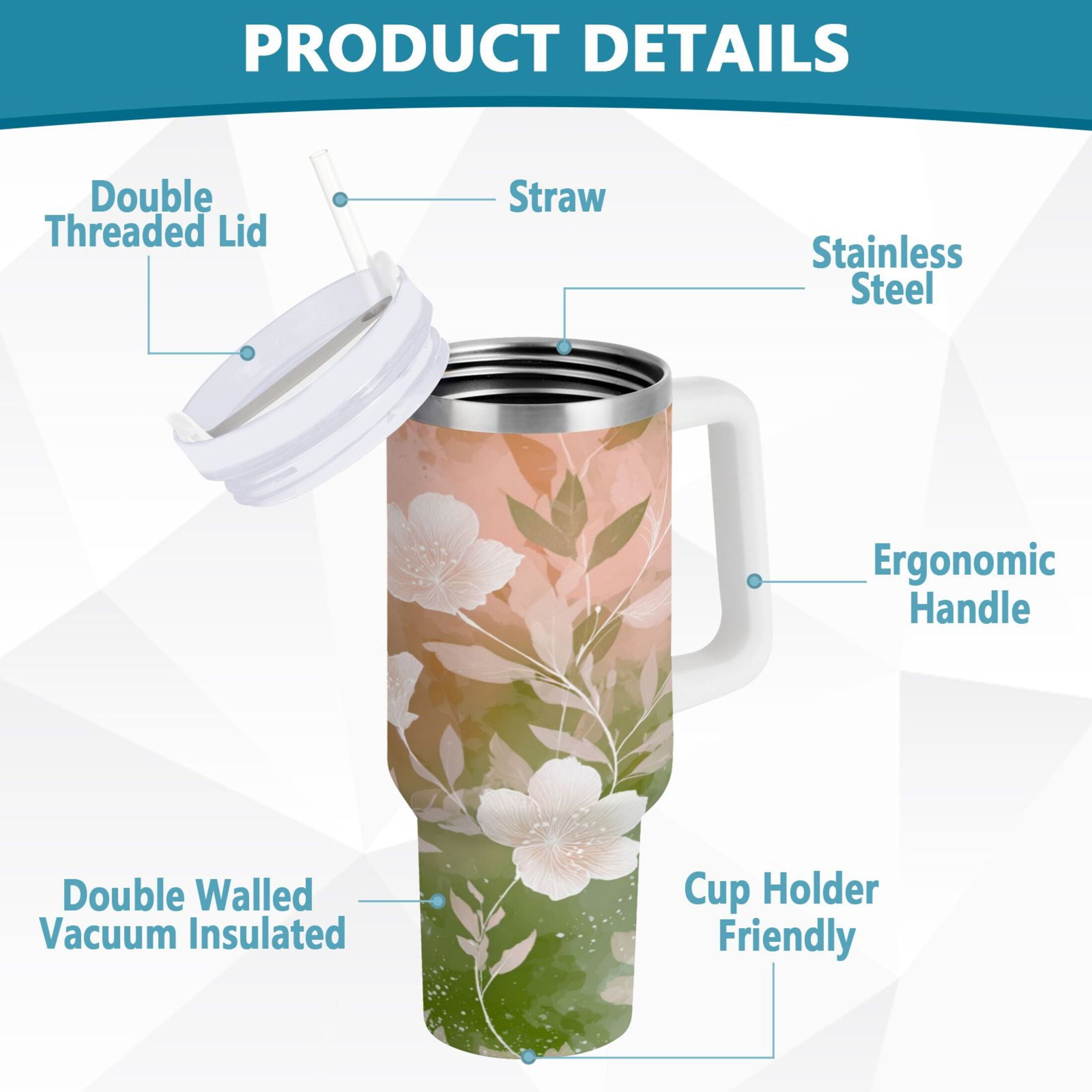 30 oz Insulated Stainless Steel Tumbler Double Wall Stainless Steel Tumbler with 2-Way Drinking Gradient Elegant Floral C471R