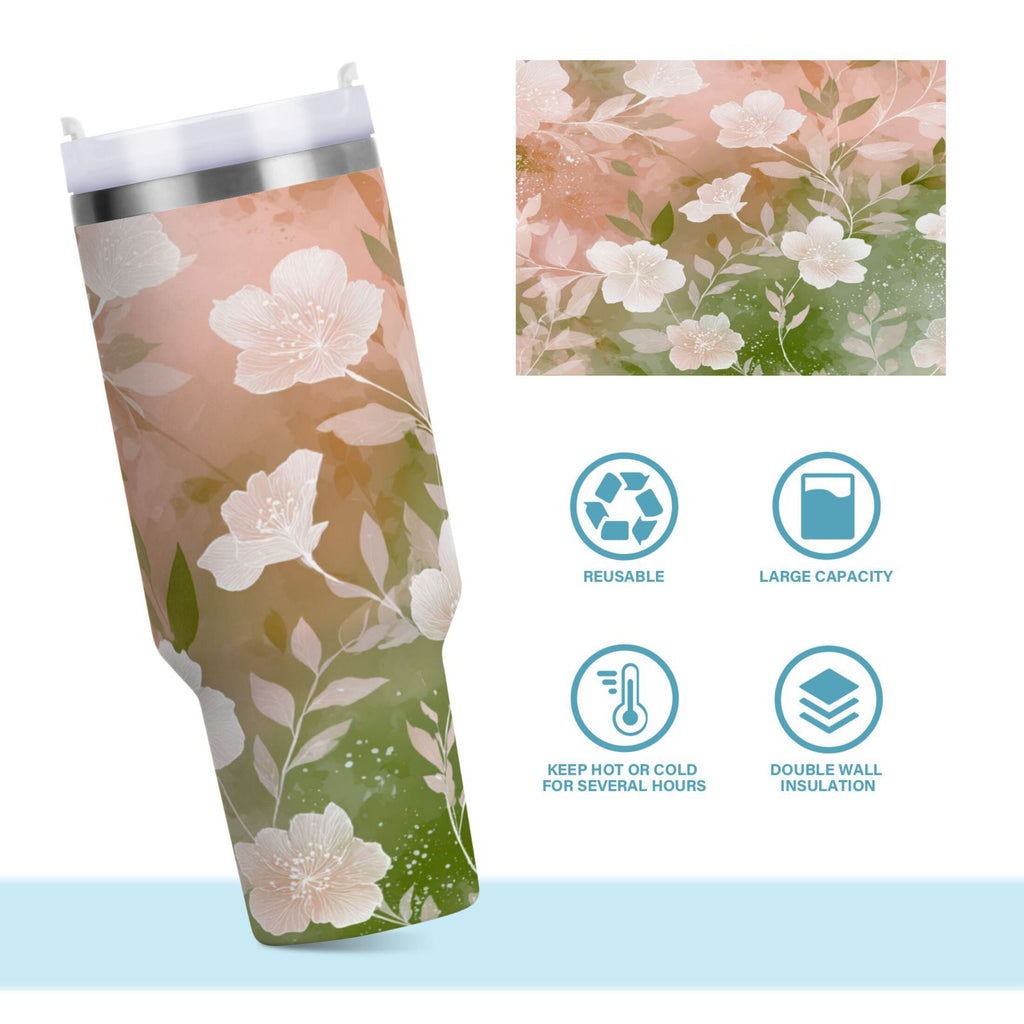 30 oz Insulated Stainless Steel Tumbler Double Wall Stainless Steel Tumbler with 2-Way Drinking Gradient Elegant Floral C471R