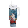 40 oz Insulated Stainless Steel Tumbler Double Wall Stainless Steel Tumbler with 2-Way Drinking Christmas Snowman in A Red Truck C435A