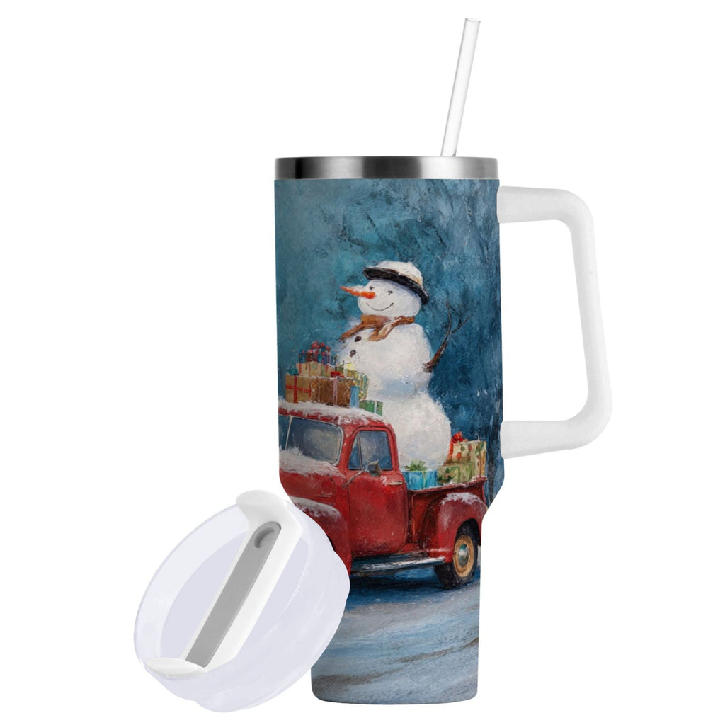 40 oz Insulated Stainless Steel Tumbler Double Wall Stainless Steel Tumbler with 2-Way Drinking Christmas Snowman in A Red Truck C435A
