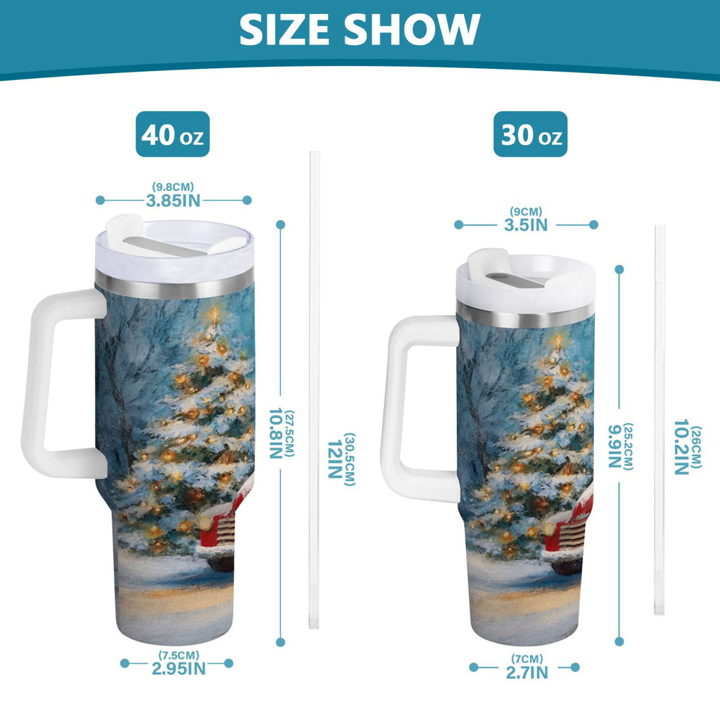 40 oz Insulated Stainless Steel Tumbler Double Wall Stainless Steel Tumbler with 2-Way Drinking Christmas Snowman in A Red Truck C435A