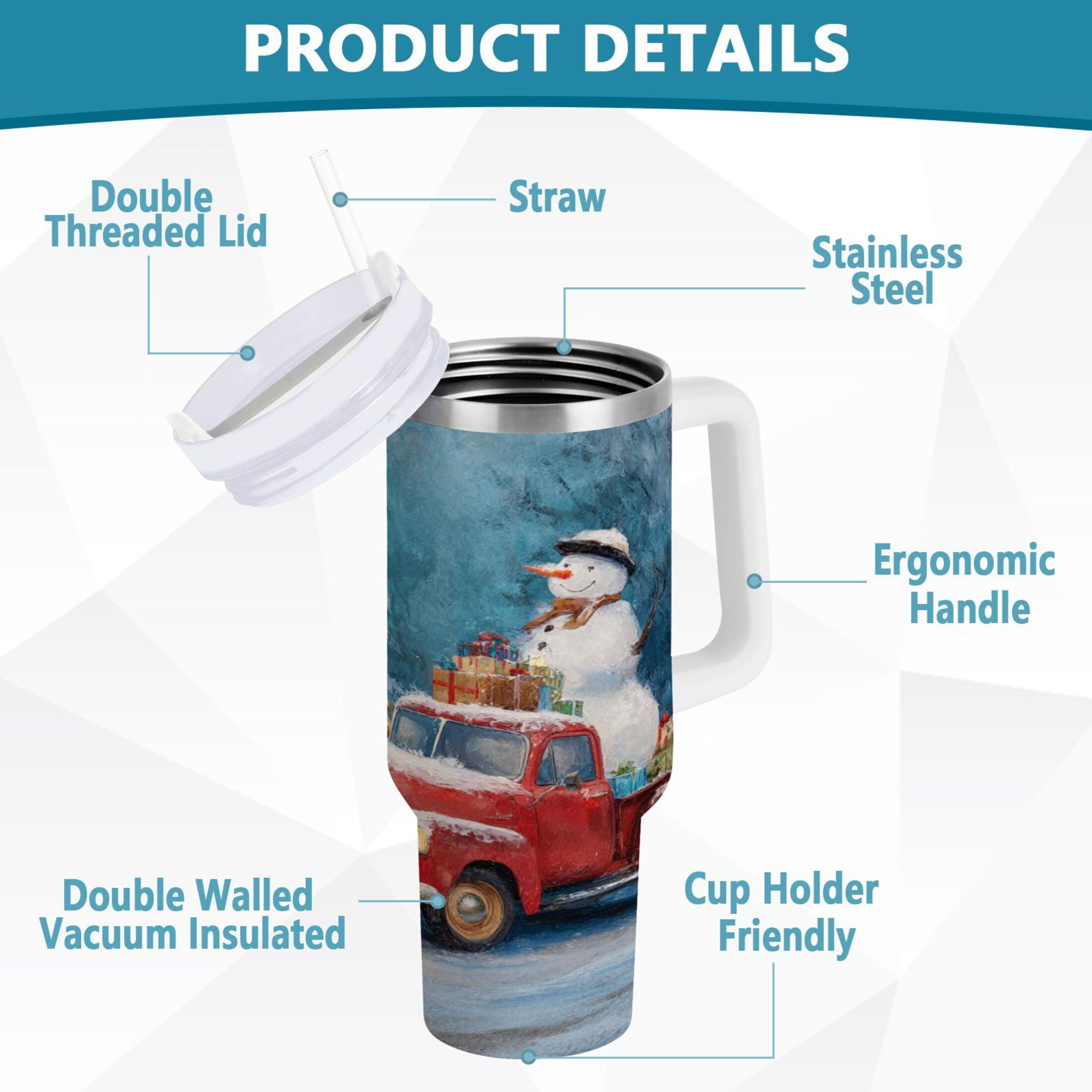 40 oz Insulated Stainless Steel Tumbler Double Wall Stainless Steel Tumbler with 2-Way Drinking Christmas Snowman in A Red Truck C435A