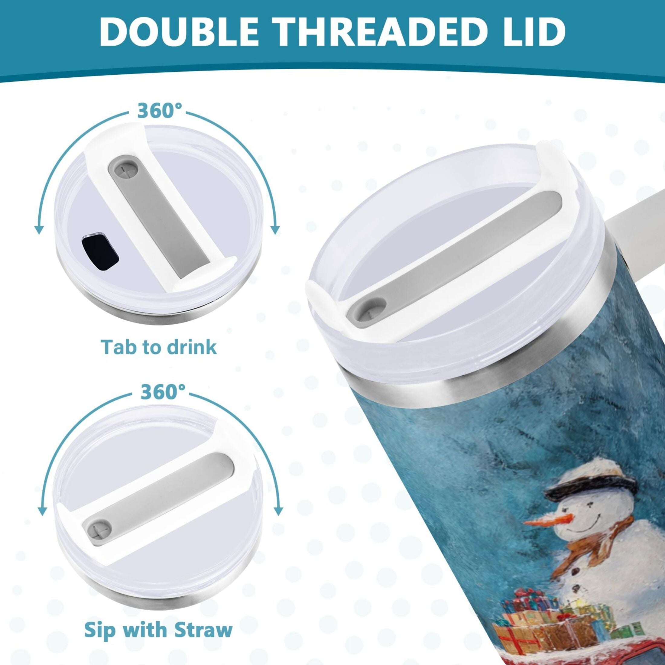 40 oz Insulated Stainless Steel Tumbler Double Wall Stainless Steel Tumbler with 2-Way Drinking Christmas Snowman in A Red Truck C435A
