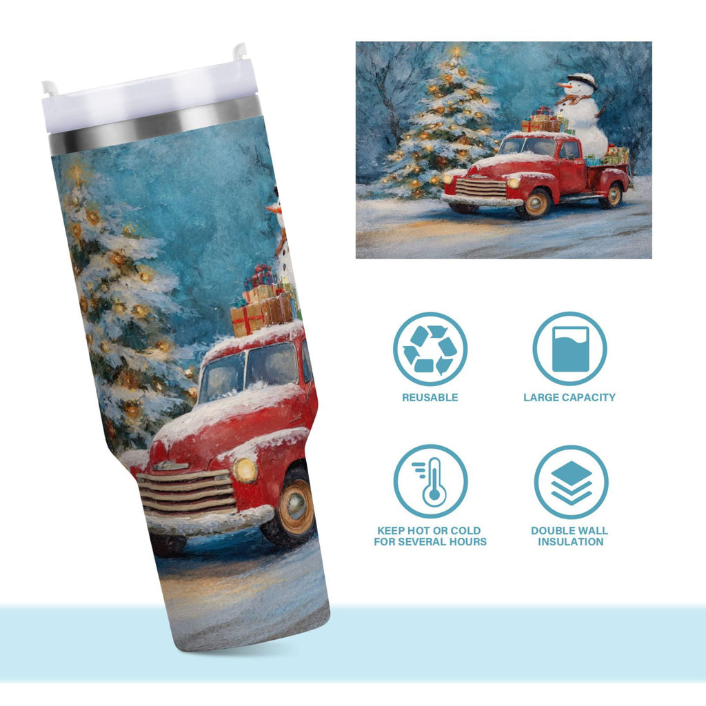 40 oz Insulated Stainless Steel Tumbler Double Wall Stainless Steel Tumbler with 2-Way Drinking Christmas Snowman in A Red Truck C435A