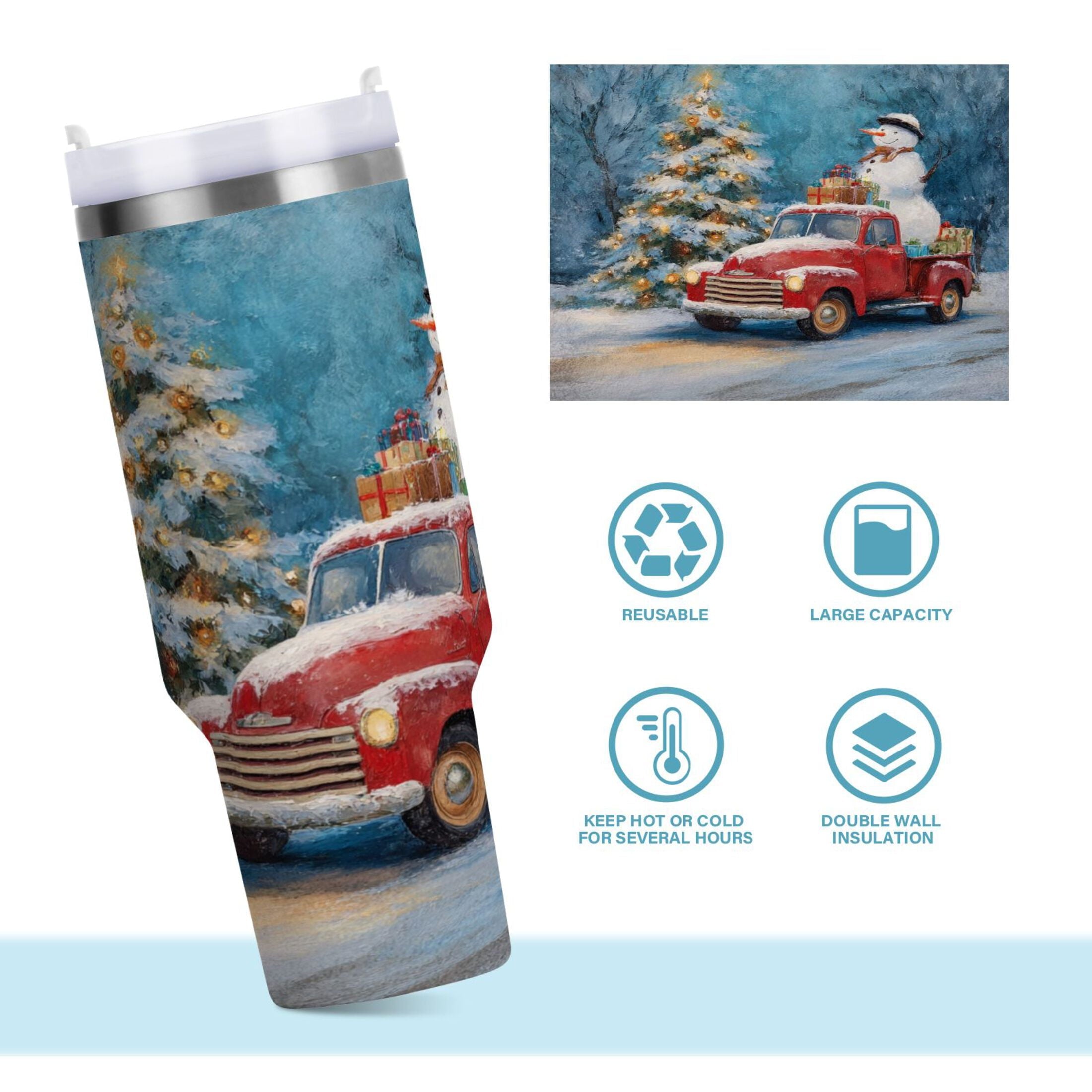 40 oz Insulated Stainless Steel Tumbler Double Wall Stainless Steel Tumbler with 2-Way Drinking Christmas Snowman in A Red Truck C435A