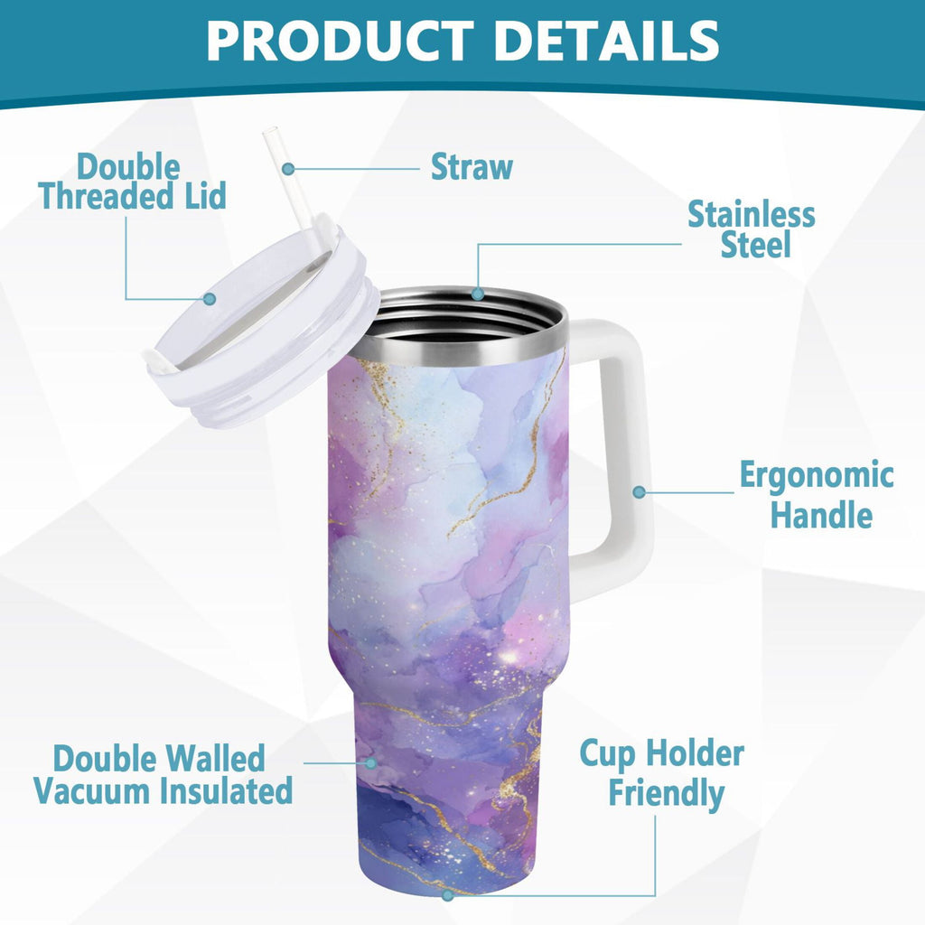 40 oz Insulated Stainless Steel Tumbler Double Wall Stainless Steel Tumbler with 2-Way Drinking Pink and Blue Marble Texture C490V