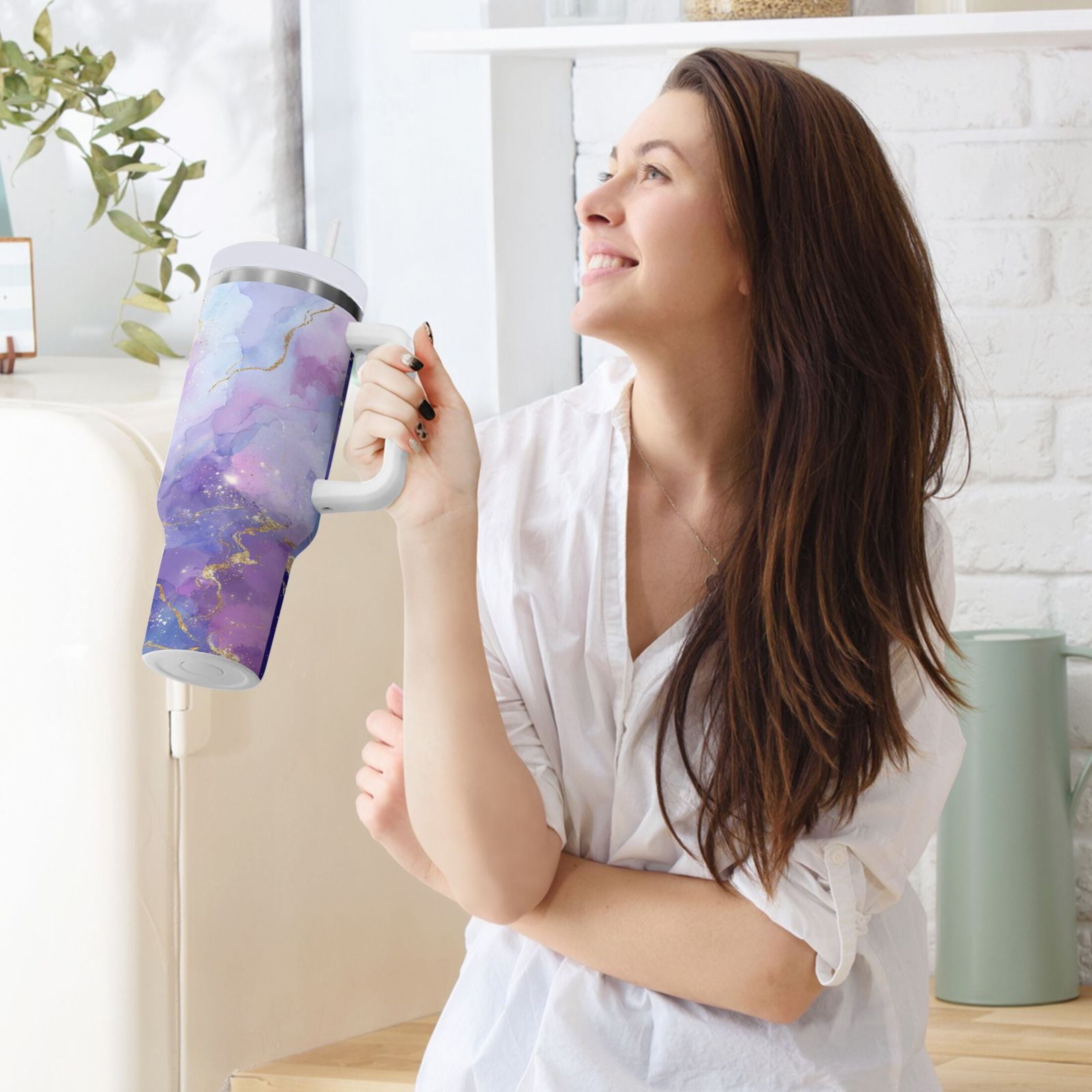 40 oz Insulated Stainless Steel Tumbler Double Wall Stainless Steel Tumbler with 2-Way Drinking Pink and Blue Marble Texture C490V